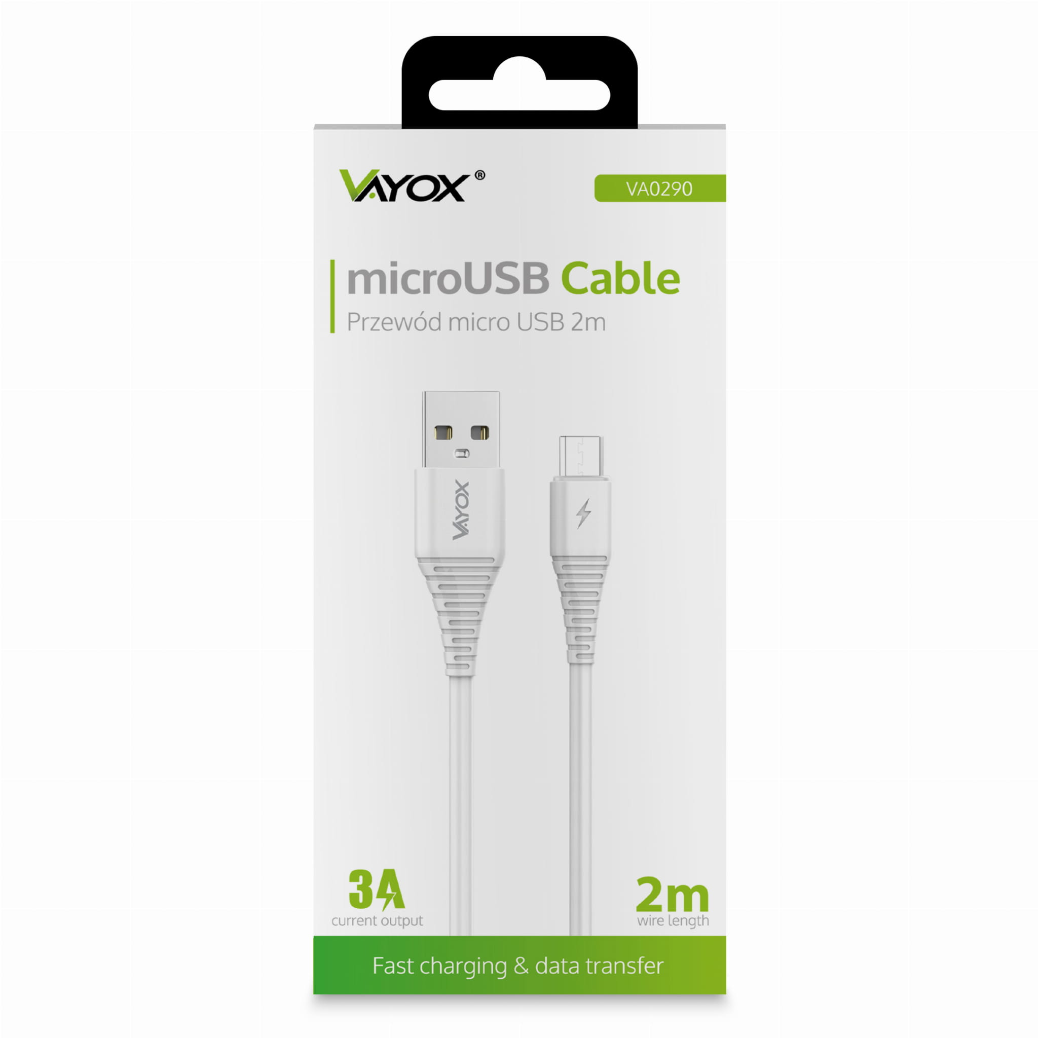 Zapakowany biały kabel microUSB. Pudełko wyświetla 'VAYOX' i specyfikacje kabla: prąd 3A i długość 2m.