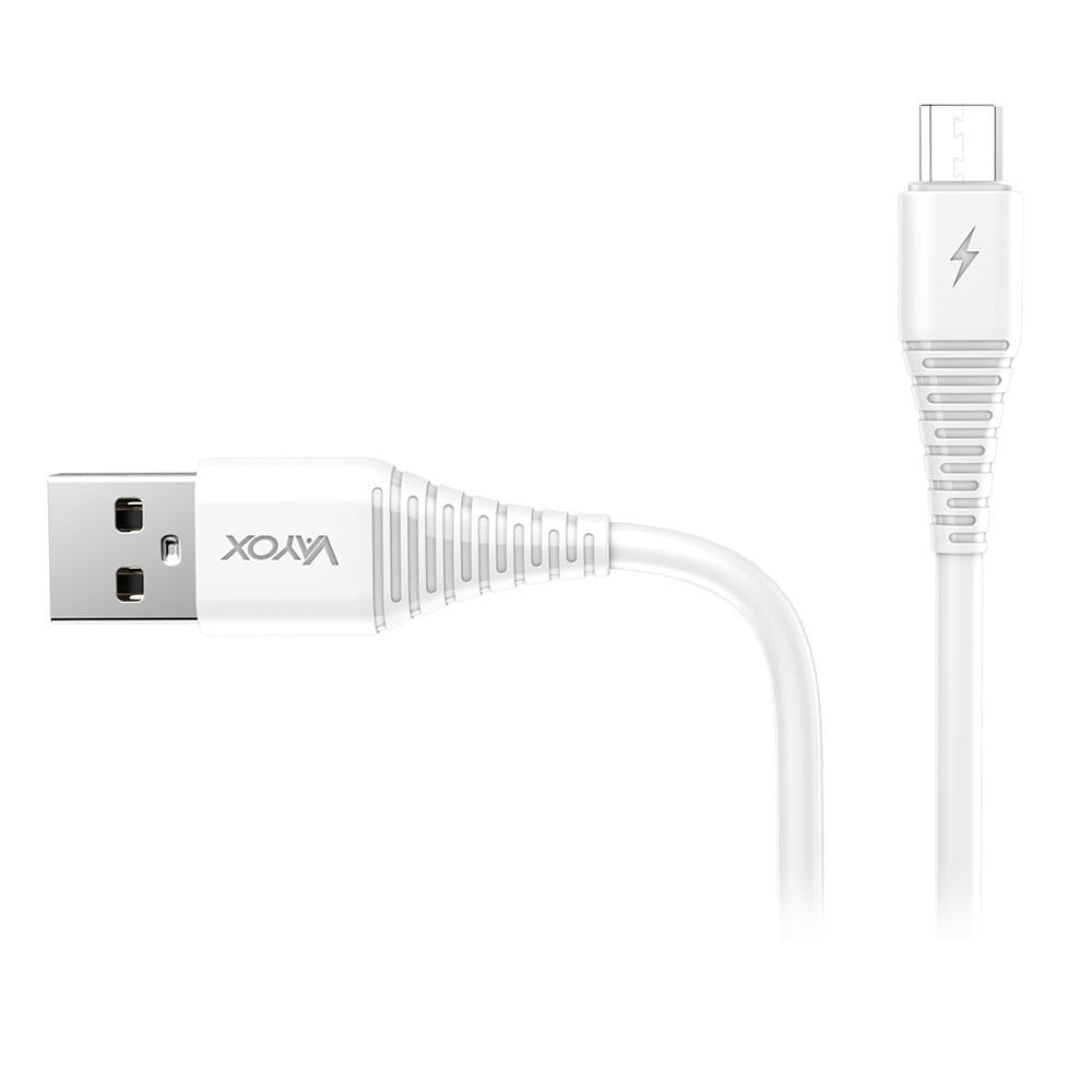 Biały kabel USB z końcówką USB-A i micro-USB. Marka 'VAYOX' jest nadrukowana na końcówce USB-A.