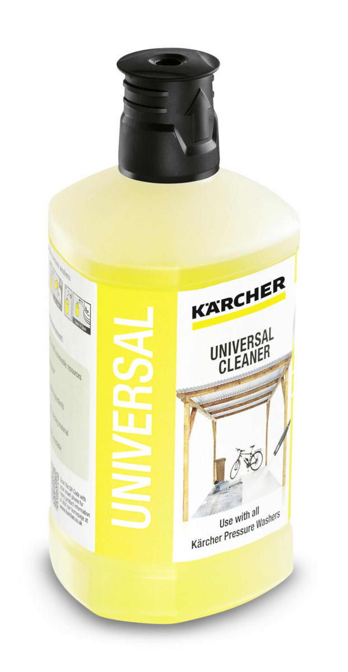 A yellow bottle of Kärcher Universal Cleaner, with a picture of a bike under a wooden shelter.