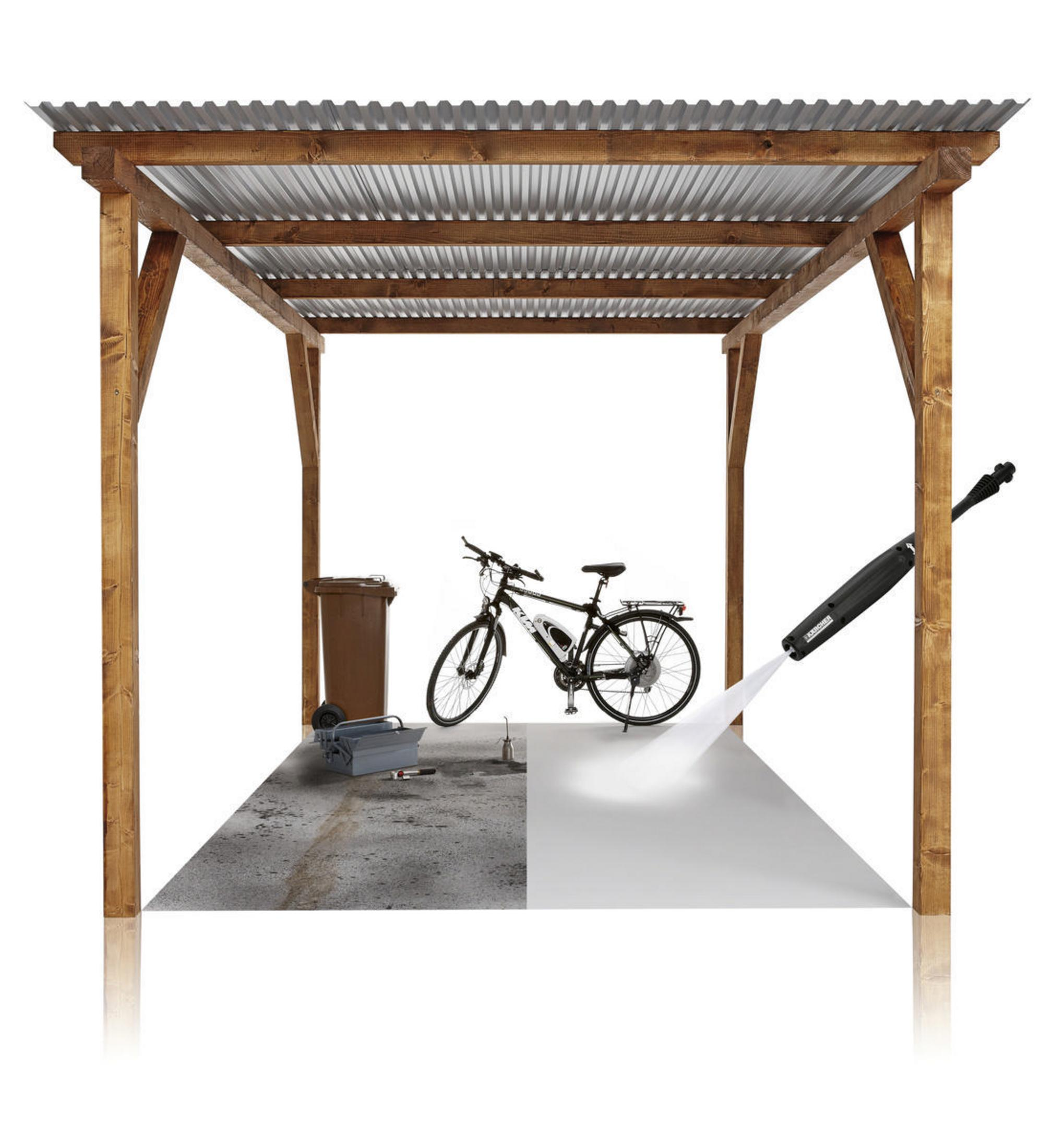 Wooden pergola, a bike, a trash can, and a pressure washer cleaning the ground. White background.