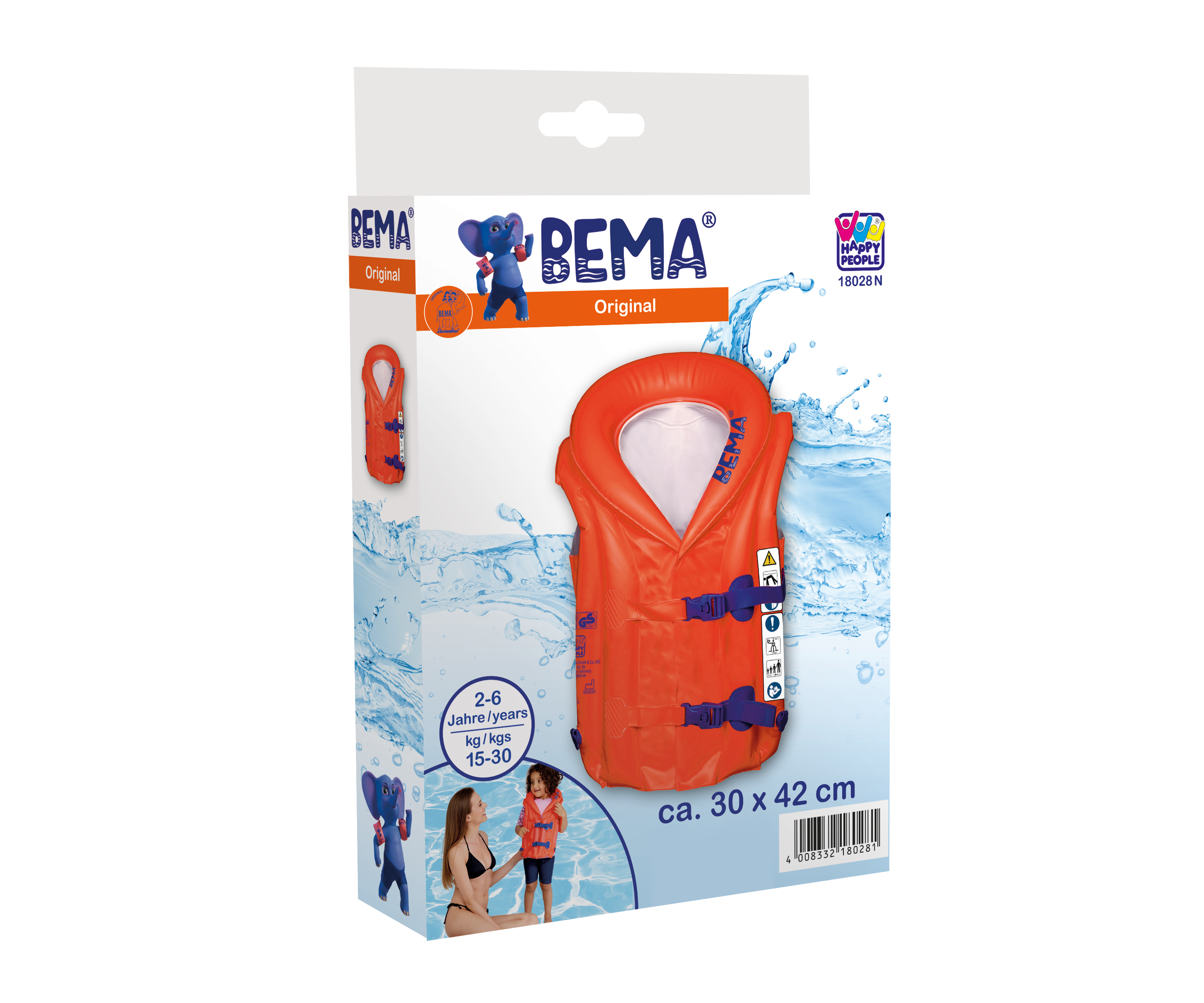 Orangefarbene Bema-Rettungsweste mit Markennamen, Verpackung mit Illustrationen, weißer Hintergrund.