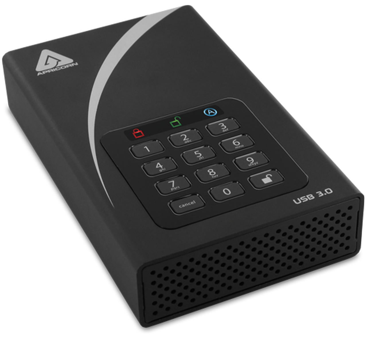 Zwarte Apricorn veilige externe harde schijf met een toetsenbord en USB 3.0 label, witte achtergrond.