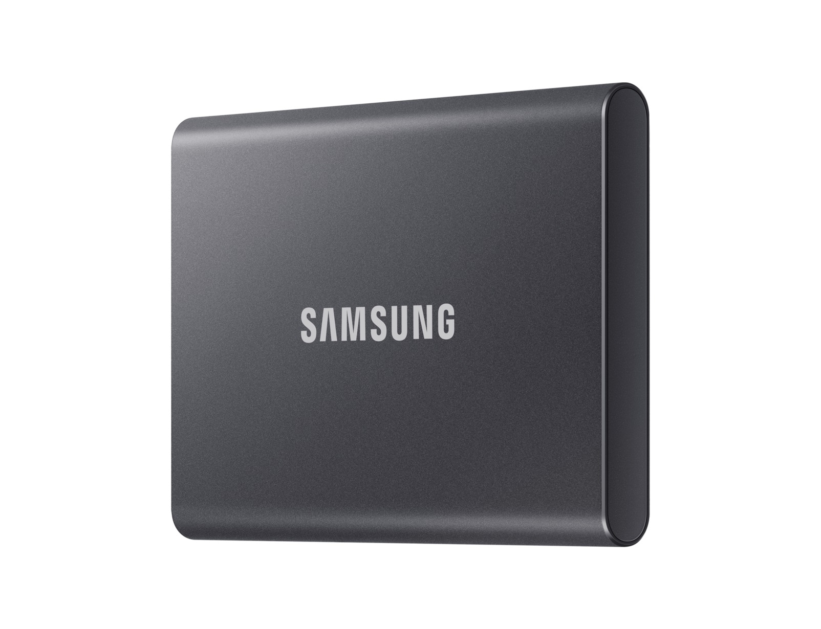 SSD portatile Samsung grigio scuro con logo Samsung su sfondo bianco.