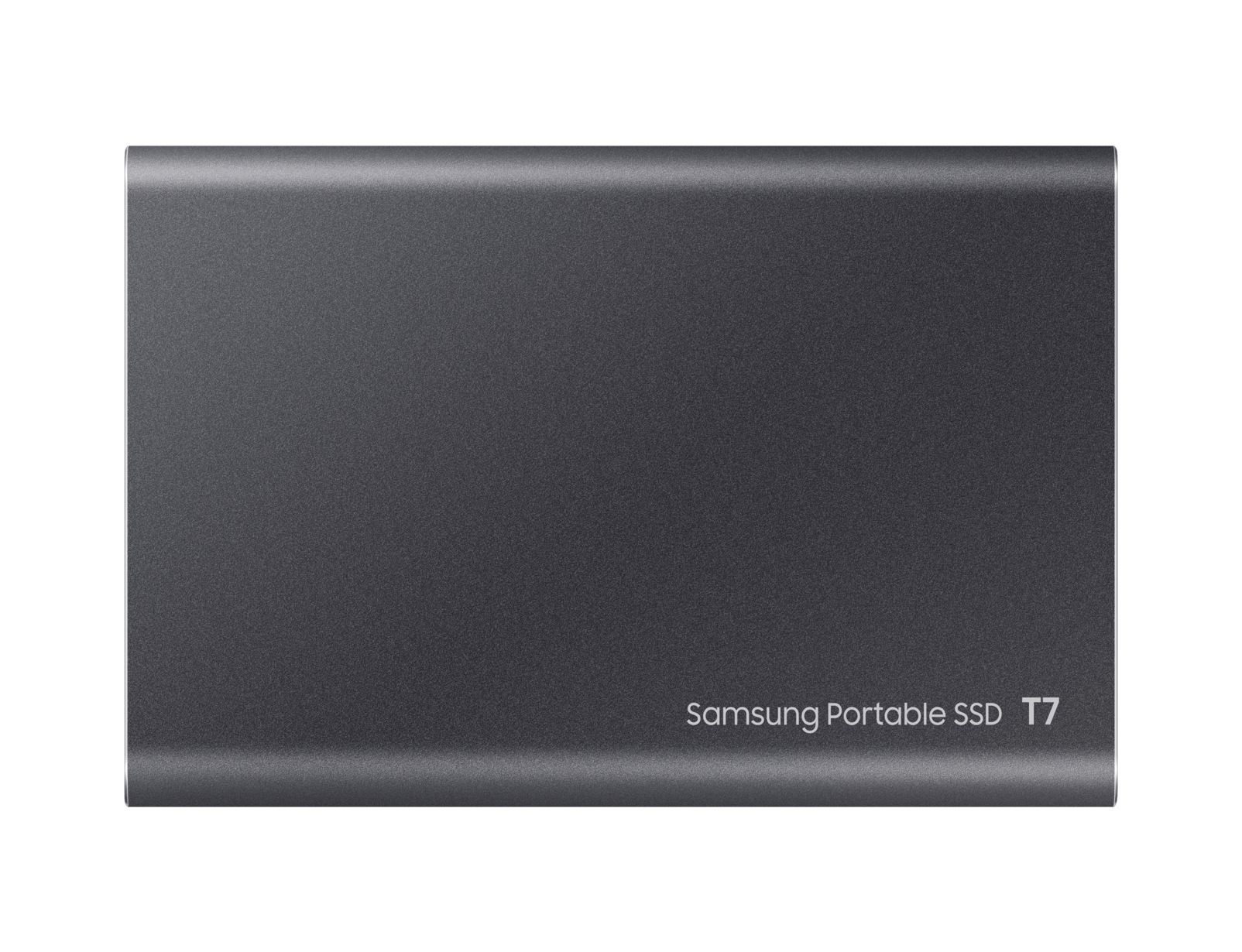 SSD portatile Samsung T7 grigio. Il nome Samsung Portable SSD T7 è stampato sul dispositivo.