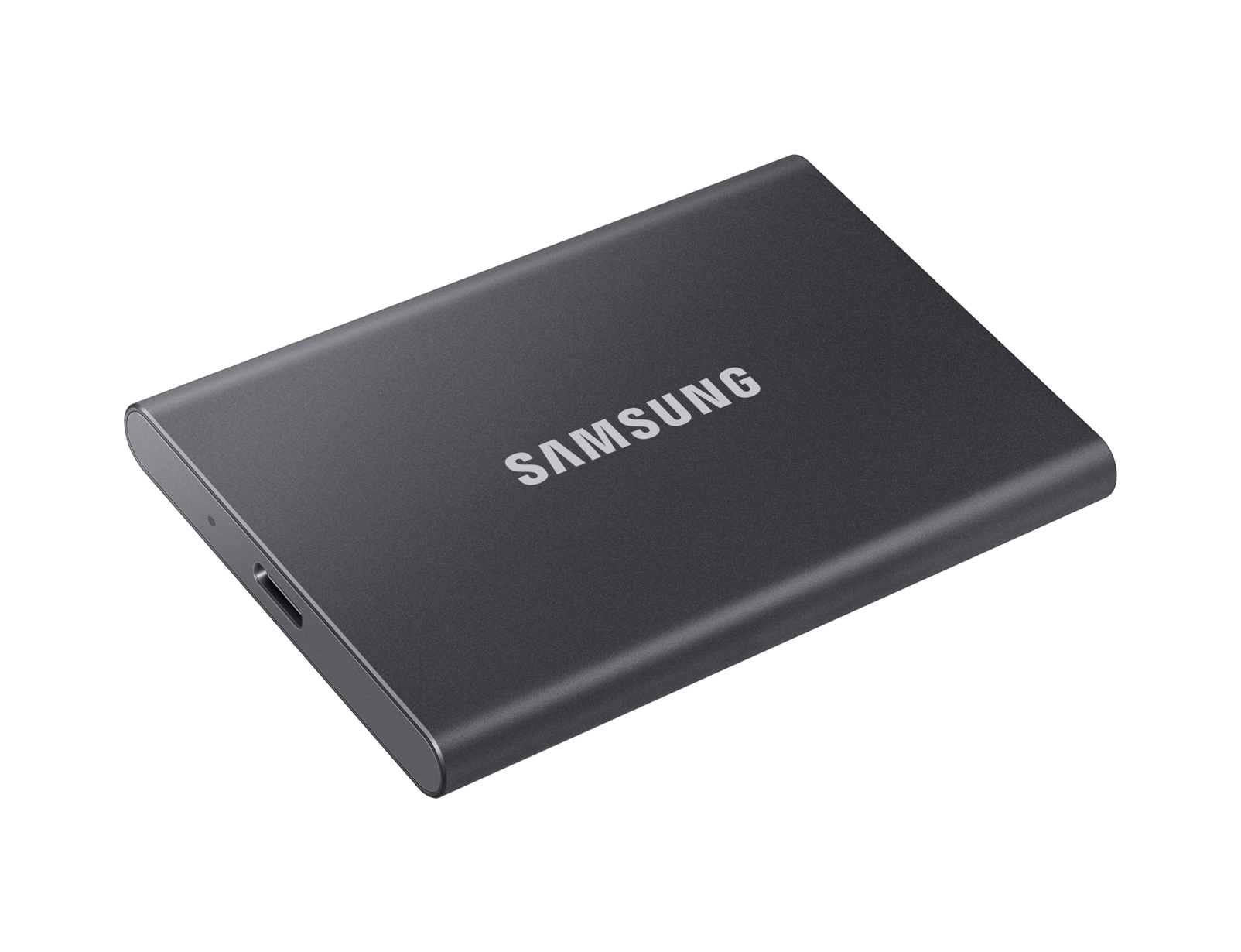 Disco rigido esterno Samsung grigio scuro su sfondo bianco.