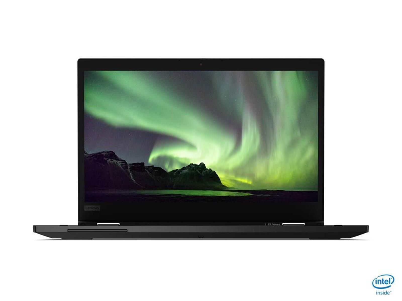 Schwarzer Lenovo Laptop mit Blick auf die Nordlichter. Intel-Logo unten rechts.