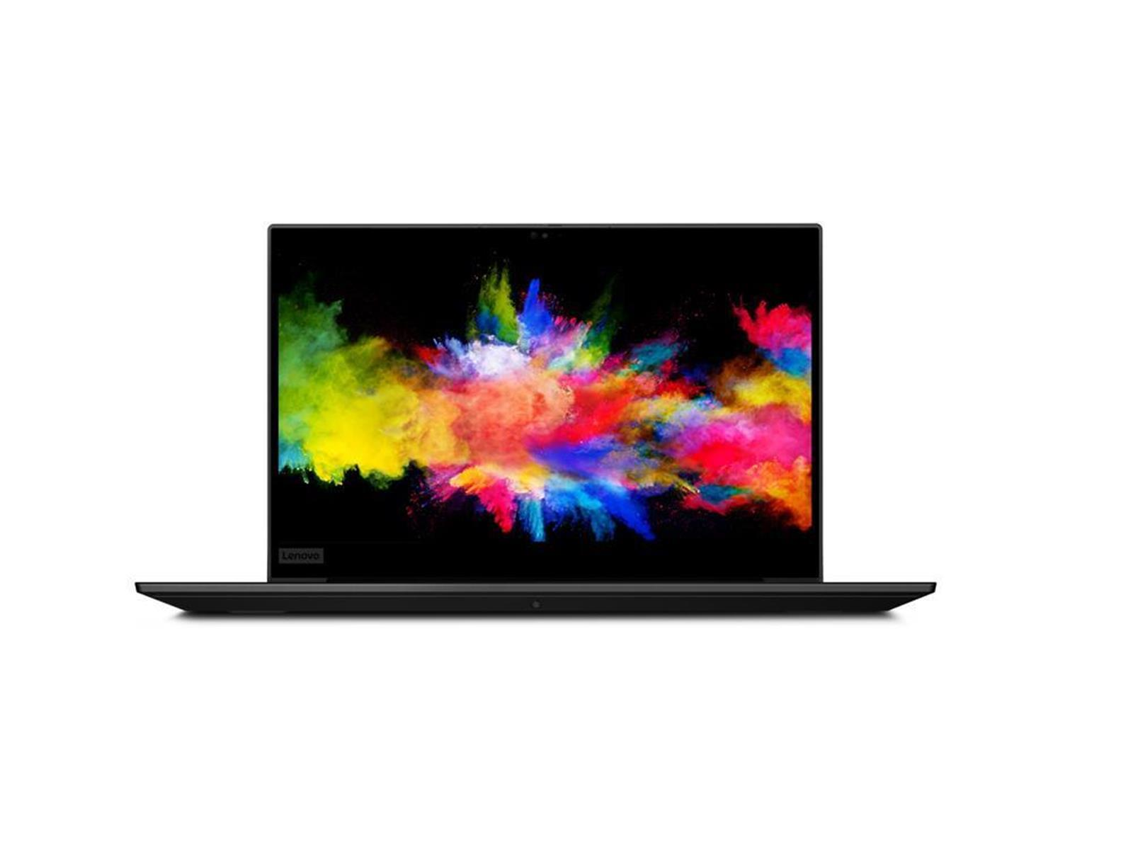 Schwarzer Laptop geöffnet, zeigt ein farbenfrohes abstraktes Bild auf dem Bildschirm.