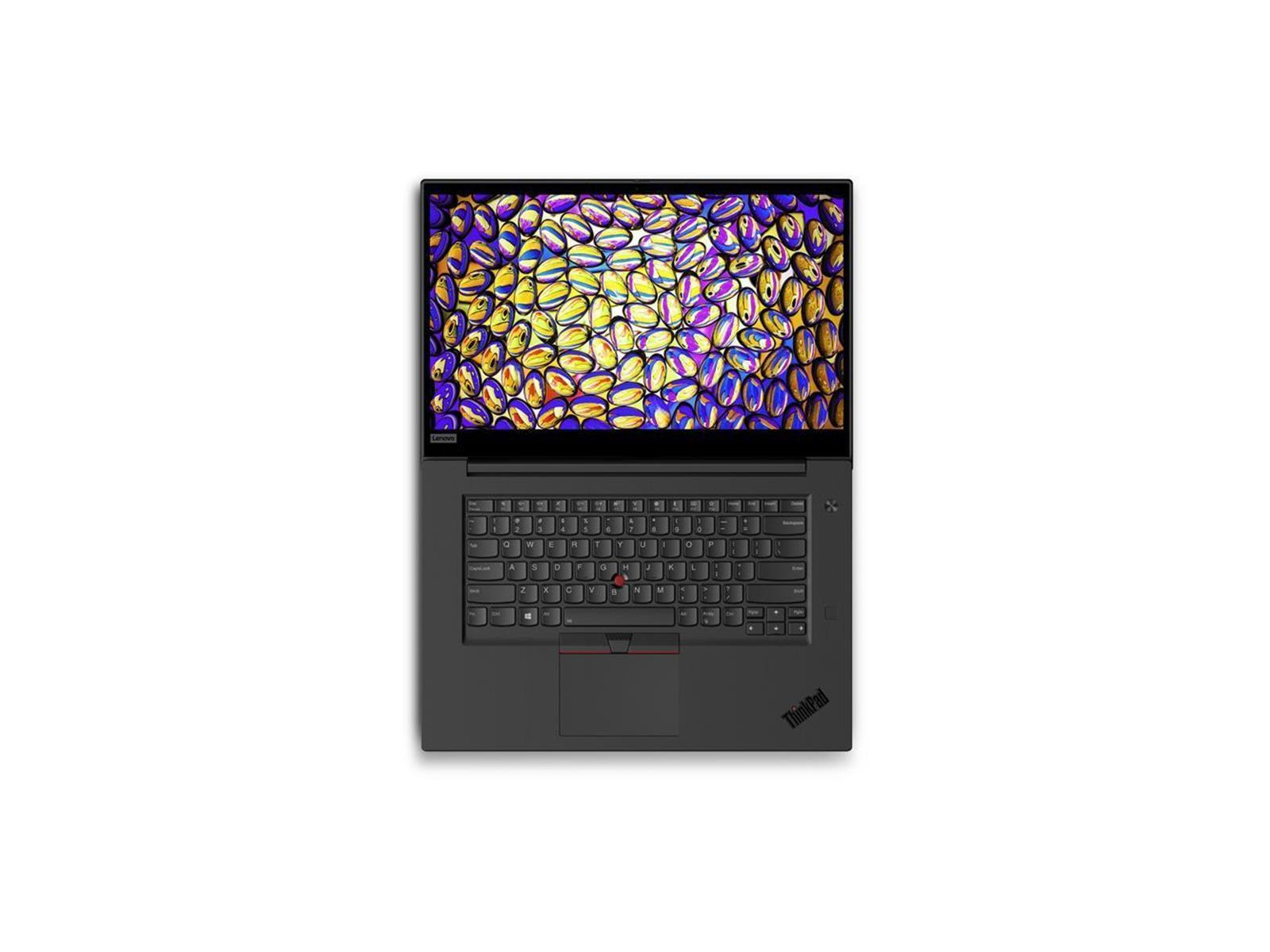 Schwarzer Laptop offen, mit farbenfrohem Design auf dem Bildschirm. Weißer Hintergrund, Draufsicht.