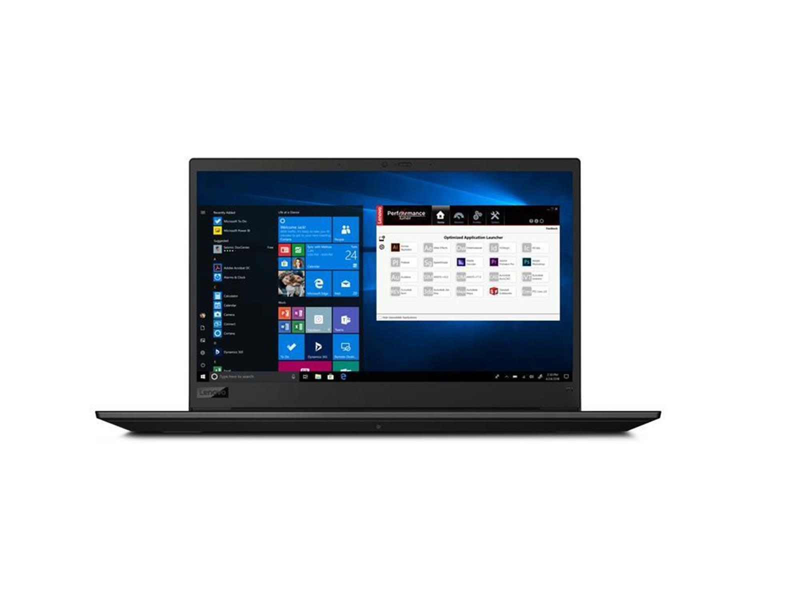 Schwarzer Lenovo Laptop mit Bildschirm, der Windows und einen Anwendungsstarter zeigt. Weißer Hintergrund.