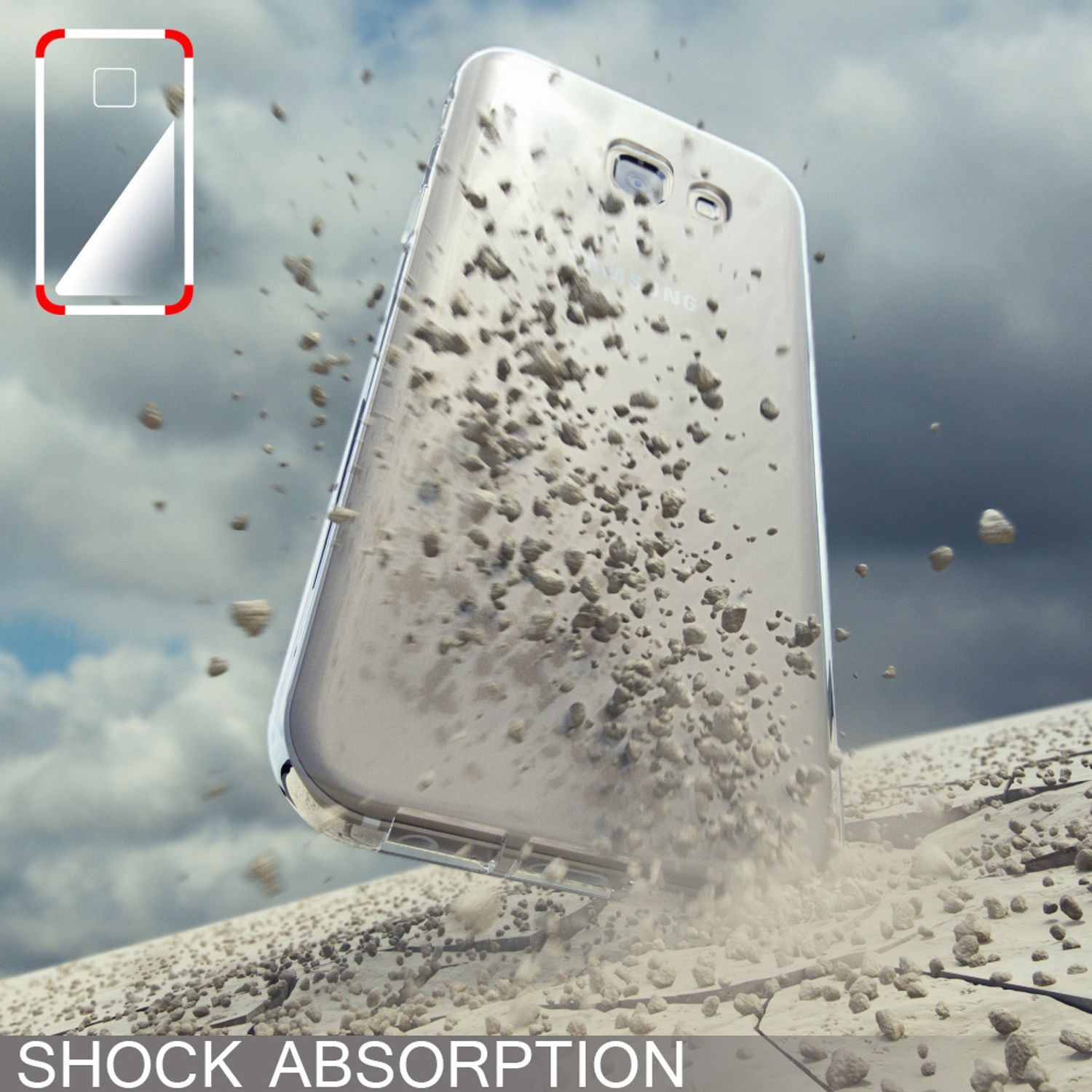 Custodia trasparente per telefono che cade sulle rocce. Rocce e cielo nuvoloso sullo sfondo.