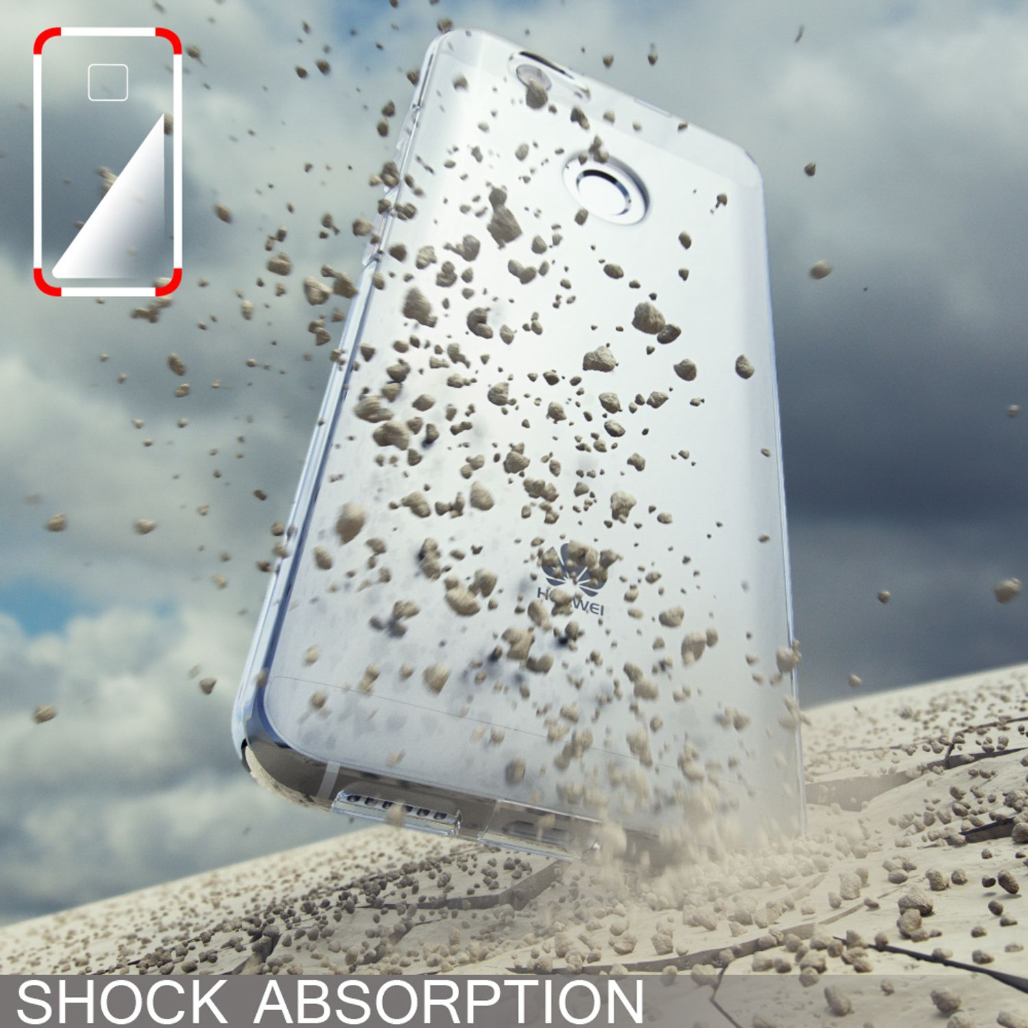 Eine transparente Handyhülle mit einem Telefon darin. Die Hülle wird mit einer Ladung Steine und einem bewölkten Hintergrund gezeigt.