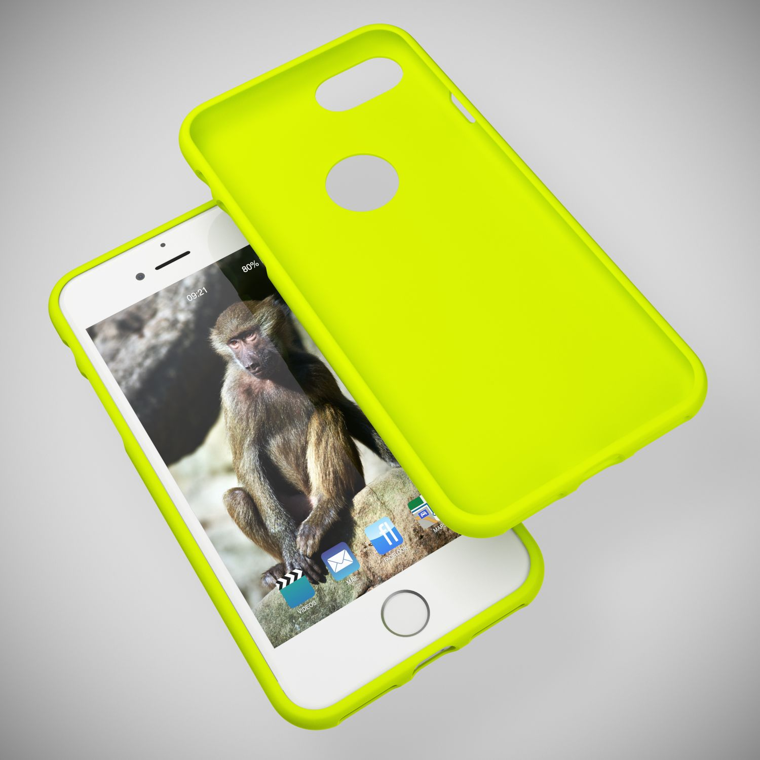 Eine neongrüne Handyhülle mit einem Telefon darin. Das Telefon zeigt ein Pavianbild und App-Symbole.
