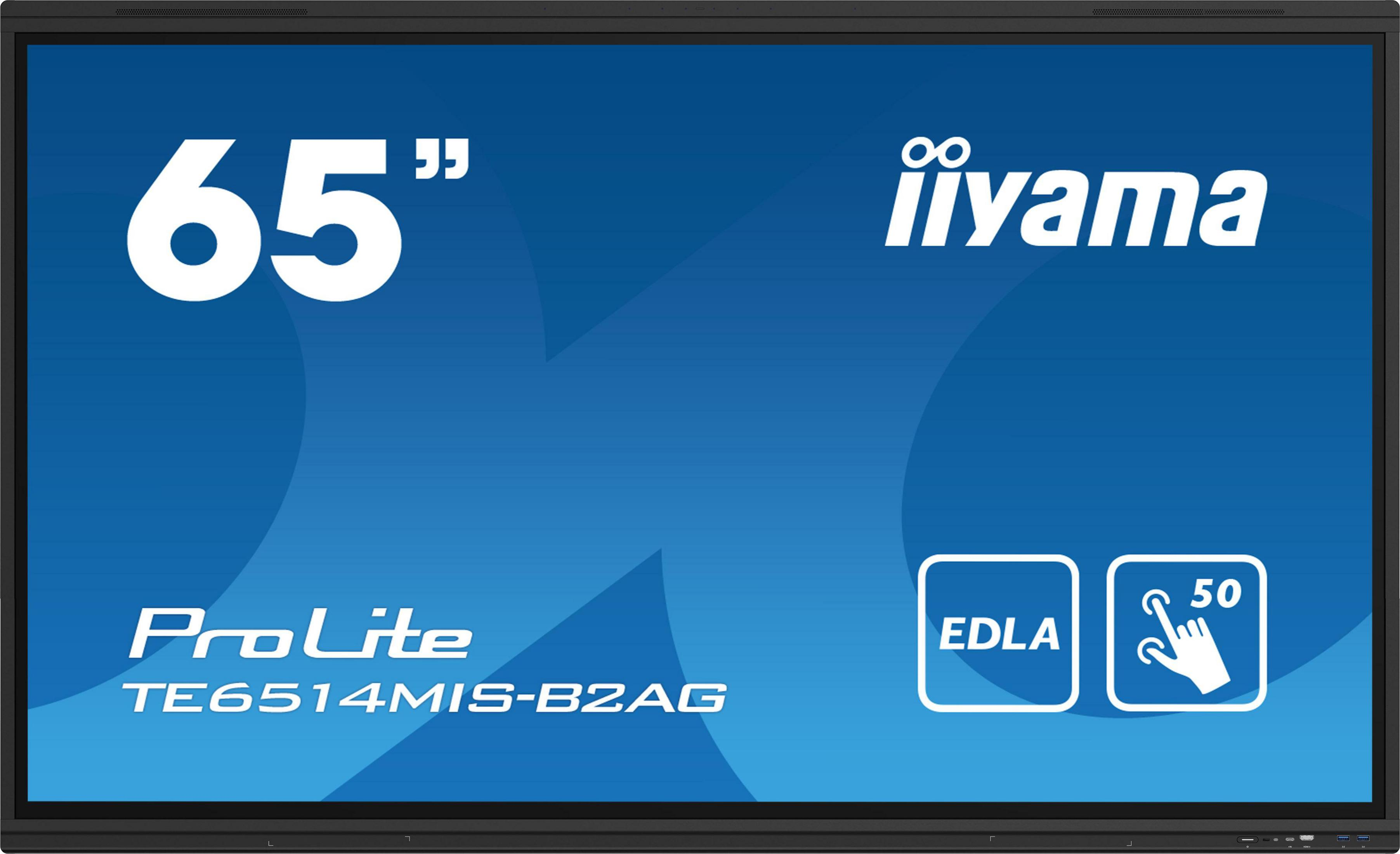 Schermo nero. Lo schermo mostra testo e logo: 65", iiyama, ProLite.