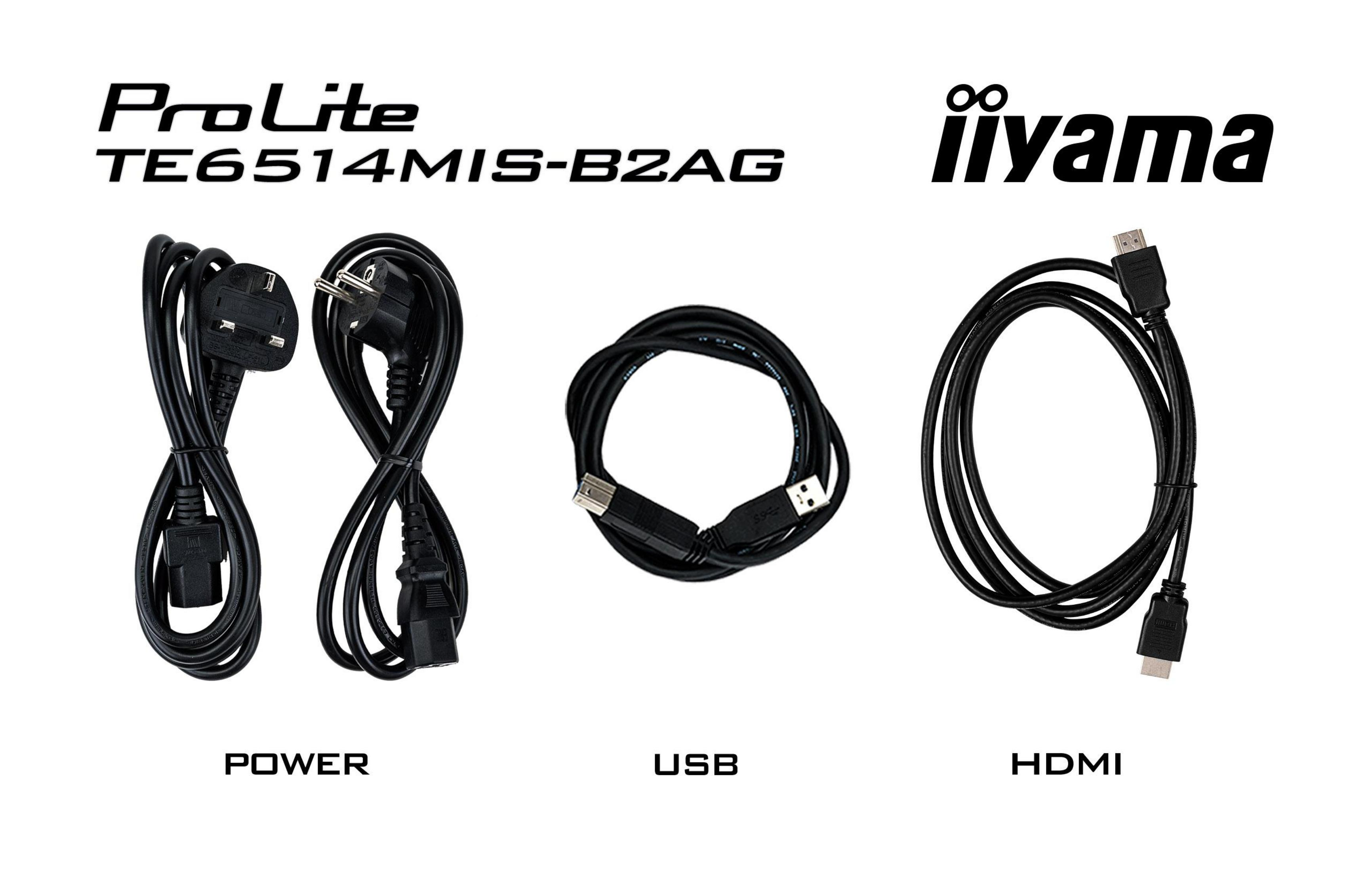 Cavi: Alimentazione, USB e HDMI. Etichette di testo sotto ogni tipo di cavo su sfondo bianco.