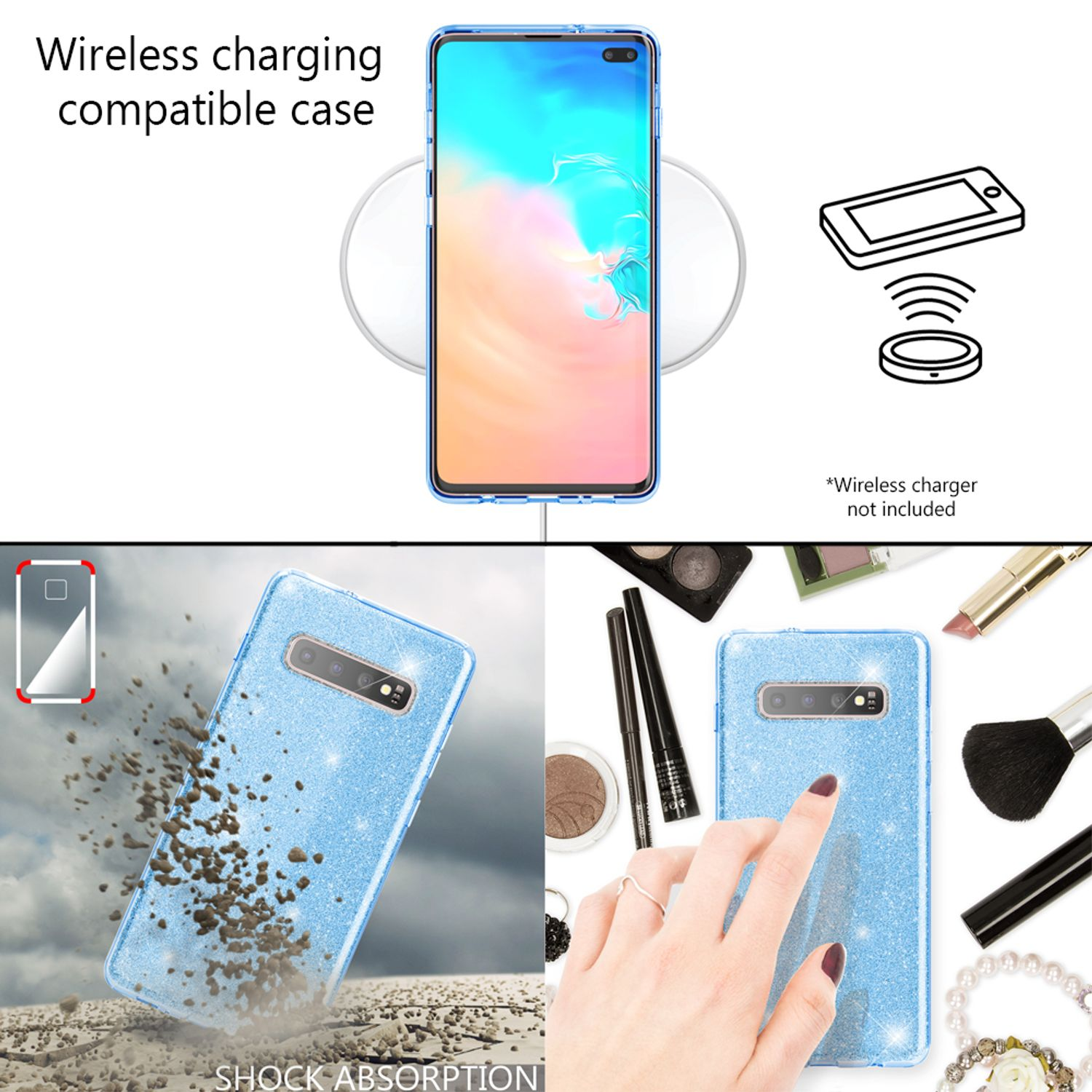 Telefono con ricarica wireless in una custodia blu, con simboli di ricarica. Assorbimento degli urti e dettagli degli accessori.