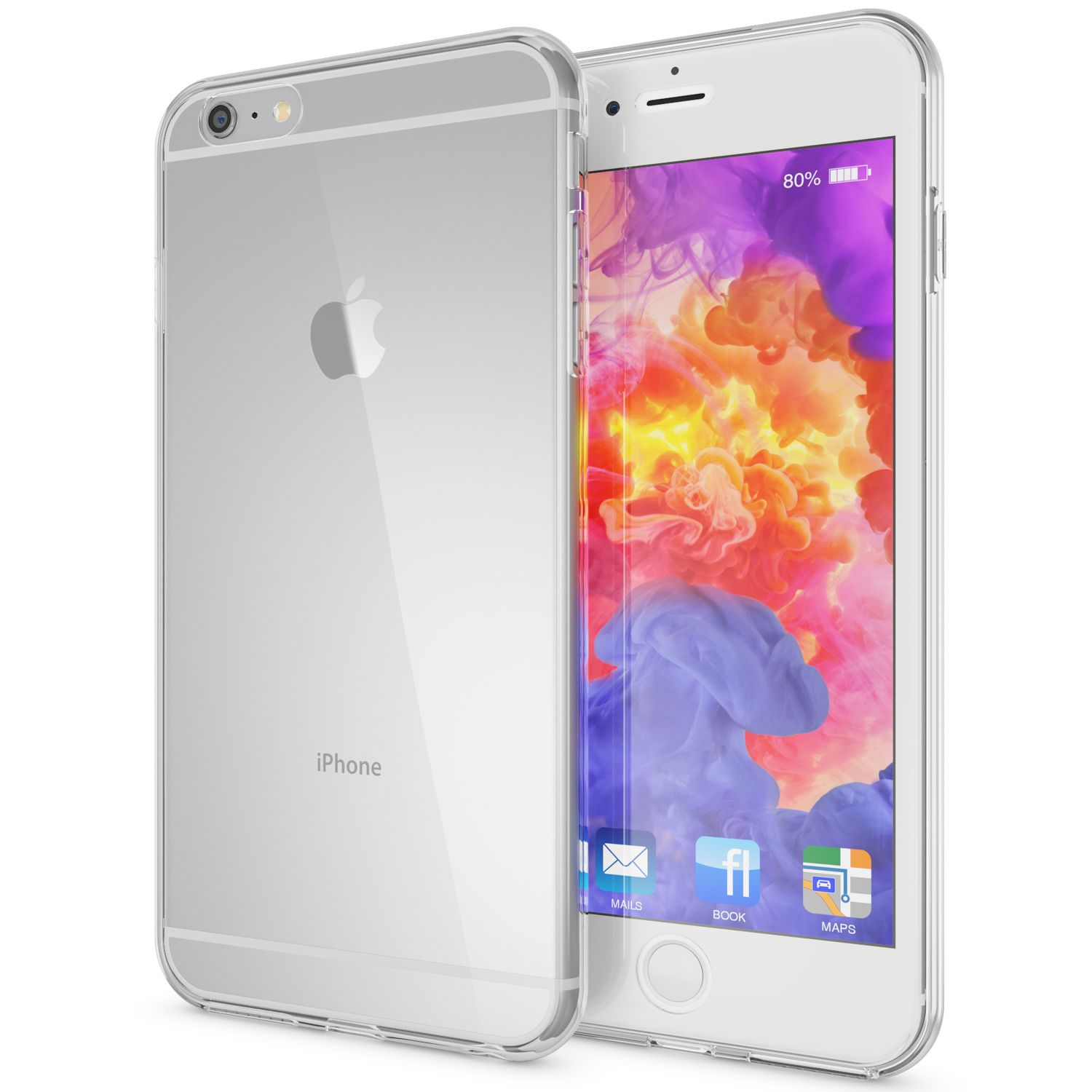 iPhone in einer transparenten Hülle, zeigt Rückseite und Bildschirm mit Kunst.