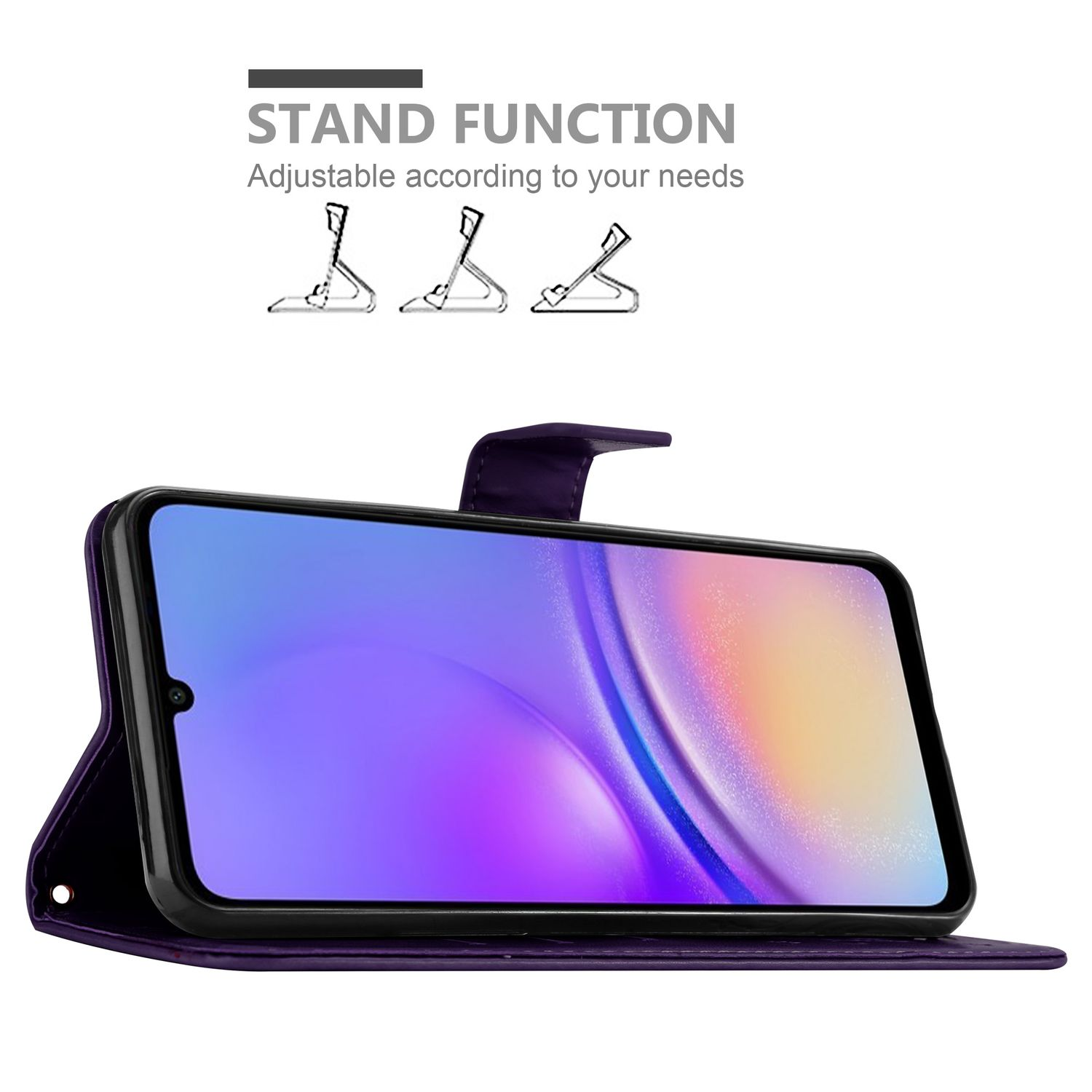 Lila Handyhülle mit Telefon. Ständerfunktion und Telefon in Ständerposition gezeigt.