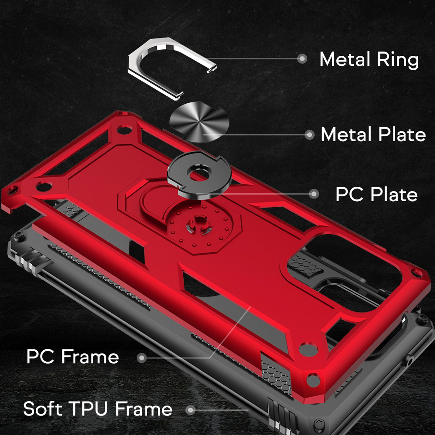 Rote Handyhülle mit Metallring, Metallplatte, PC-Platte, PC-Rahmen und weichem TPU-Rahmen.