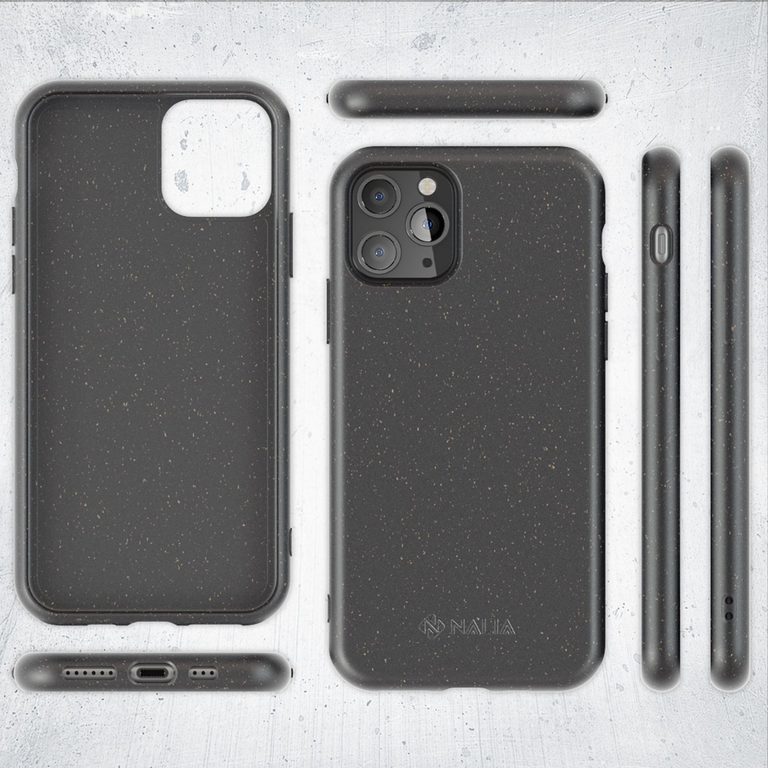 Una funda de teléfono con múltiples vistas. Tiene una superficie negra texturizada y está hecha de material sostenible.