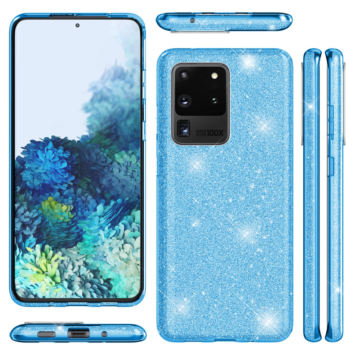 Eine blaue Glitzer-Handyhülle, mit mehreren Ansichten, die die Kamera zeigen.