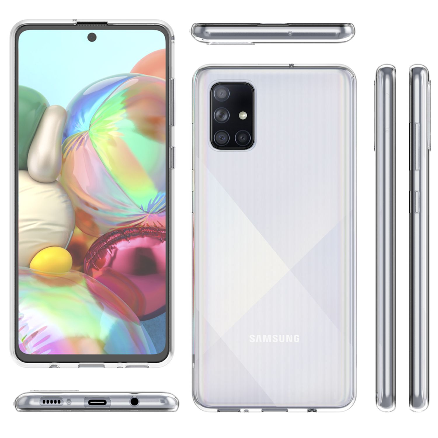 Funda transparente y teléfono. El teléfono tiene cuatro cámaras y el logotipo de Samsung. El teléfono tiene cuatro lados.