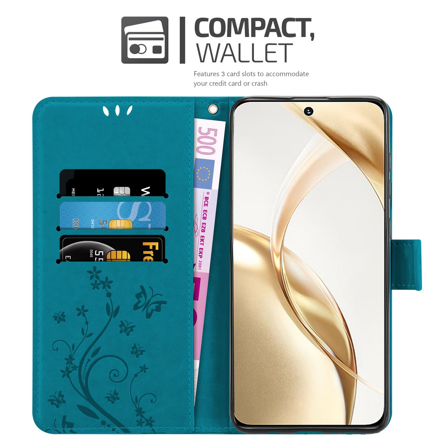 Türkisfarbene Handy-Wallet-Hülle offen, zeigt Telefon, Karten und Geld. Blumenmuster und Schmetterlingsdesign sichtbar.