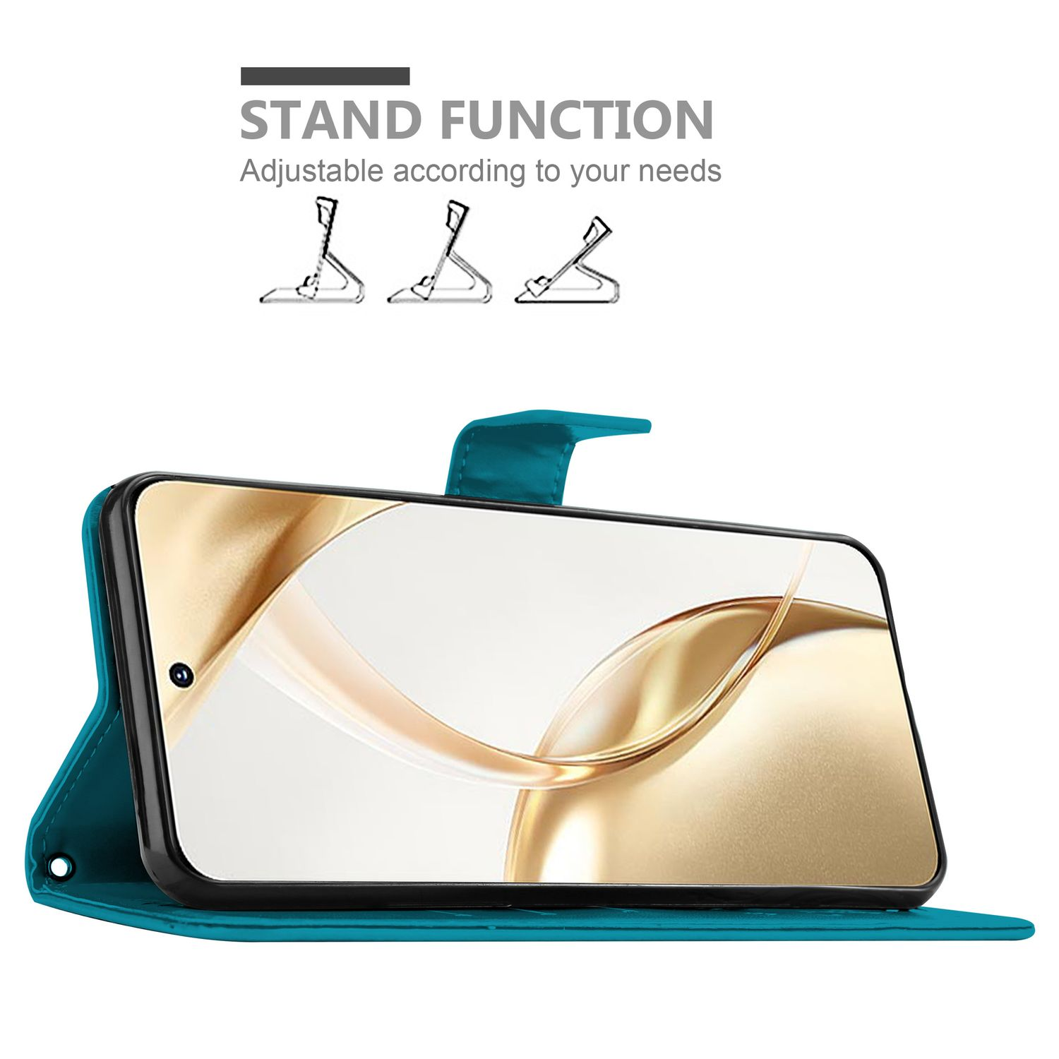 Eine türkisfarbene Handyhülle mit einem Telefon darin, die aufgestellt ist, um die Standfunktion zu zeigen.