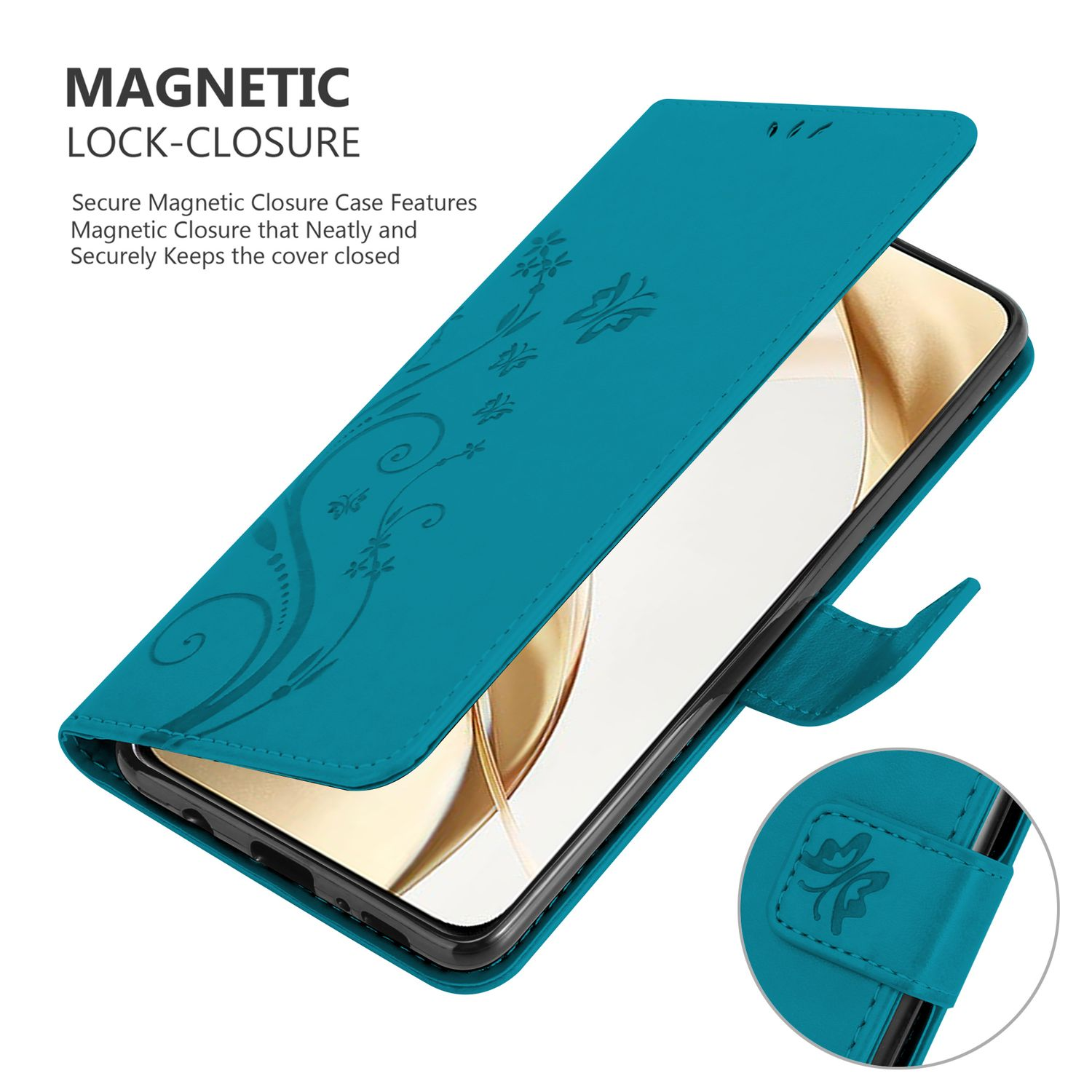 Türkisfarbene Handyhülle offen, Telefon innen, Blumendesign auf dem Cover.