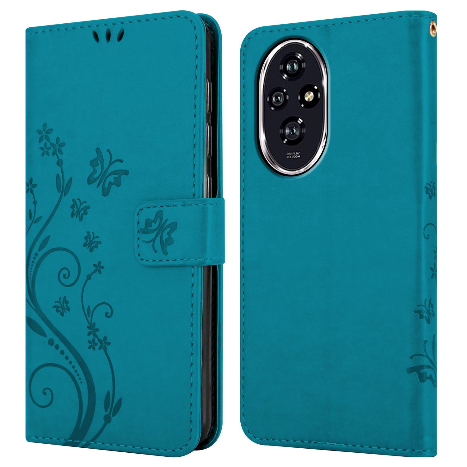 Türkisfarbene Handyhülle, offen, zeigt Telefon und Design. Blumendesign, Schmetterlinge und Telefonkameras sind sichtbar.