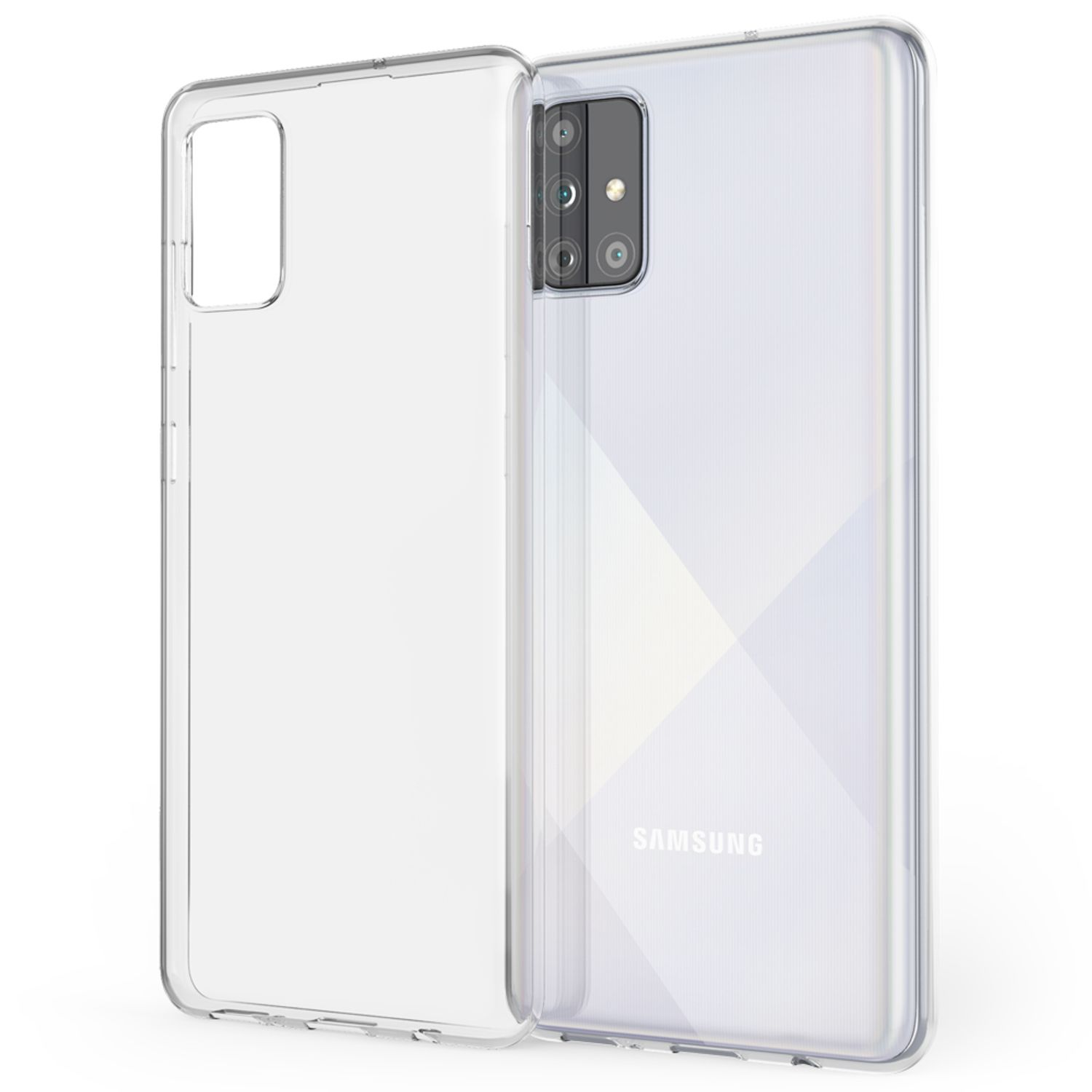 Funda de teléfono transparente colocada abierta, con un teléfono blanco a la derecha. Muestra el diseño trasero.