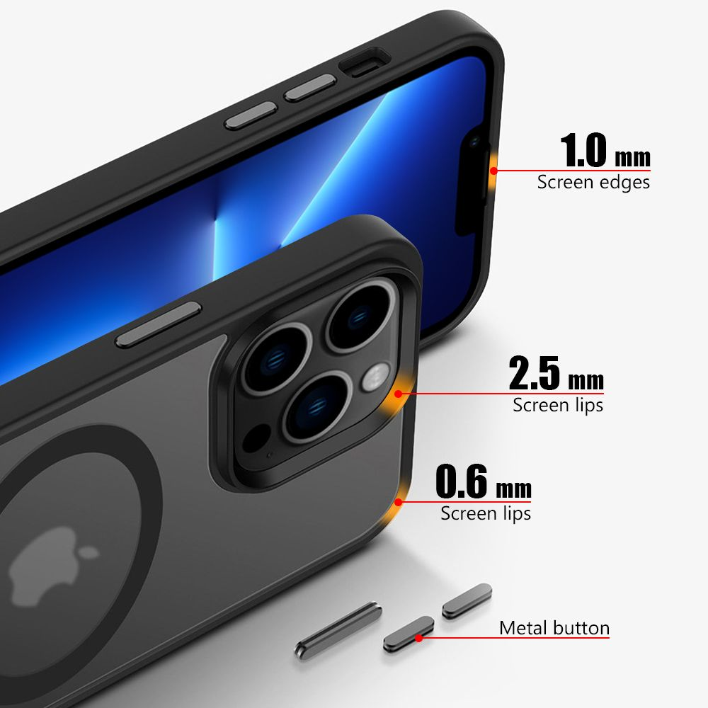 Teléfono en funda negra. El texto muestra las dimensiones de los bordes y labios de la pantalla. Botones metálicos.