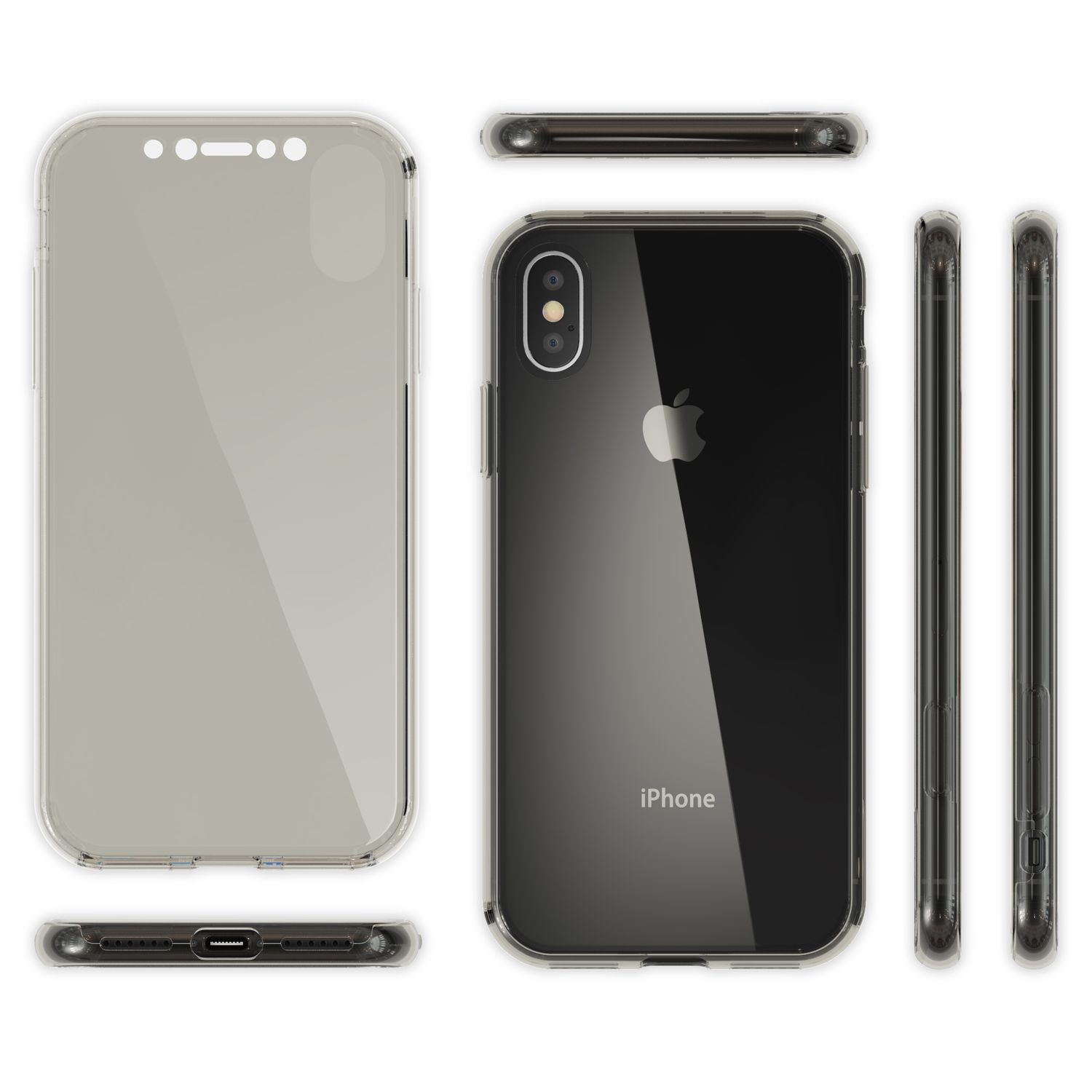 Telefon in einer durchsichtigen Hülle, plus mehrere Ansichten der Hülle.