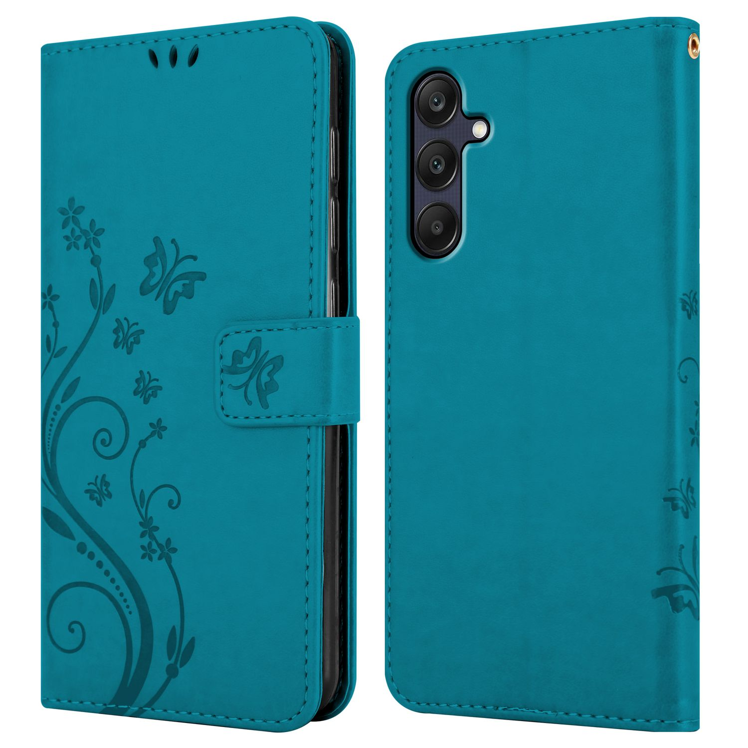 Türkisfarbene Handyhülle geöffnet. Blumen- und Schmetterlingsdesign.