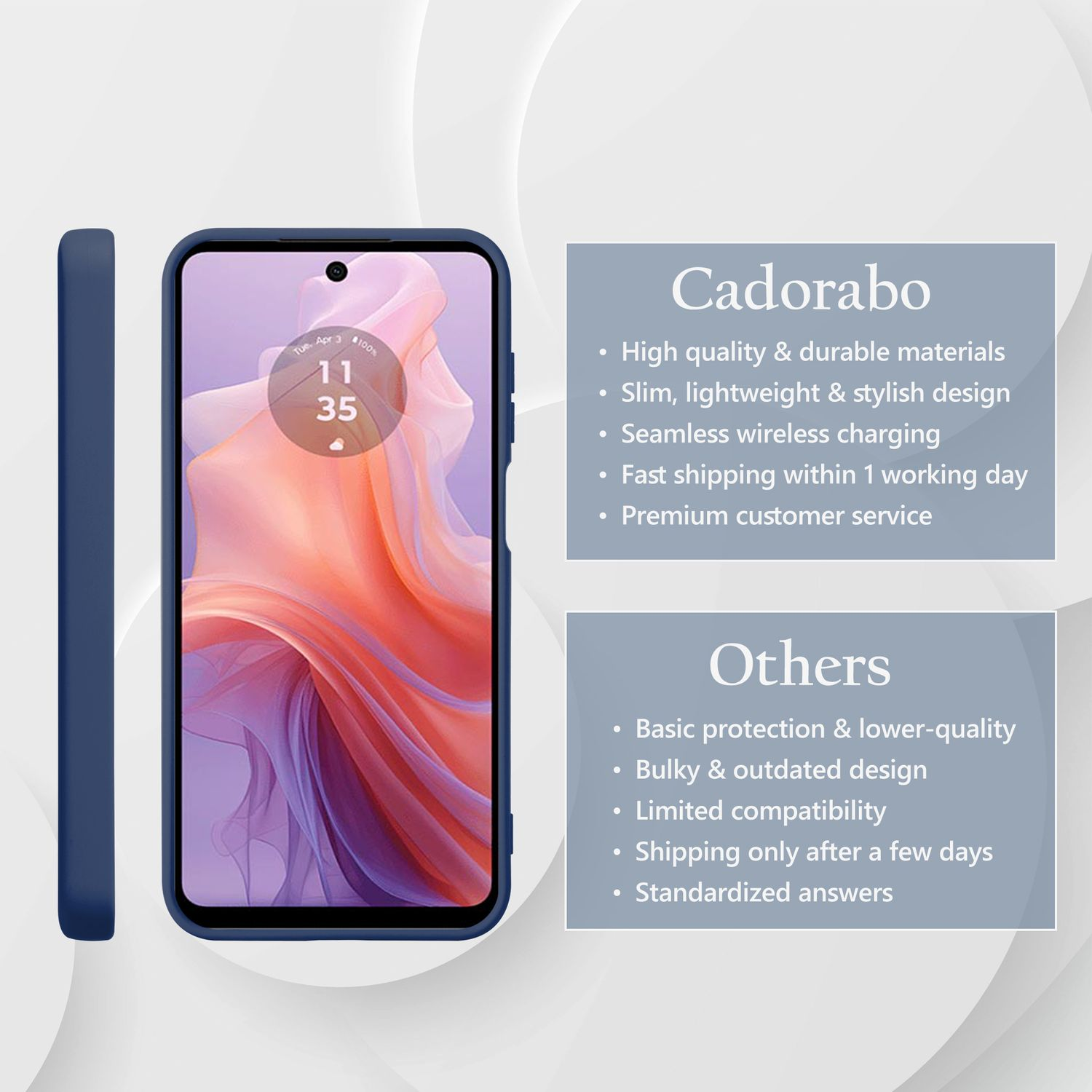 Dunkelblaue Handyhülle mit Telefon, Bildschirm sichtbar. Text: Cadarobo. Weißer Hintergrund.