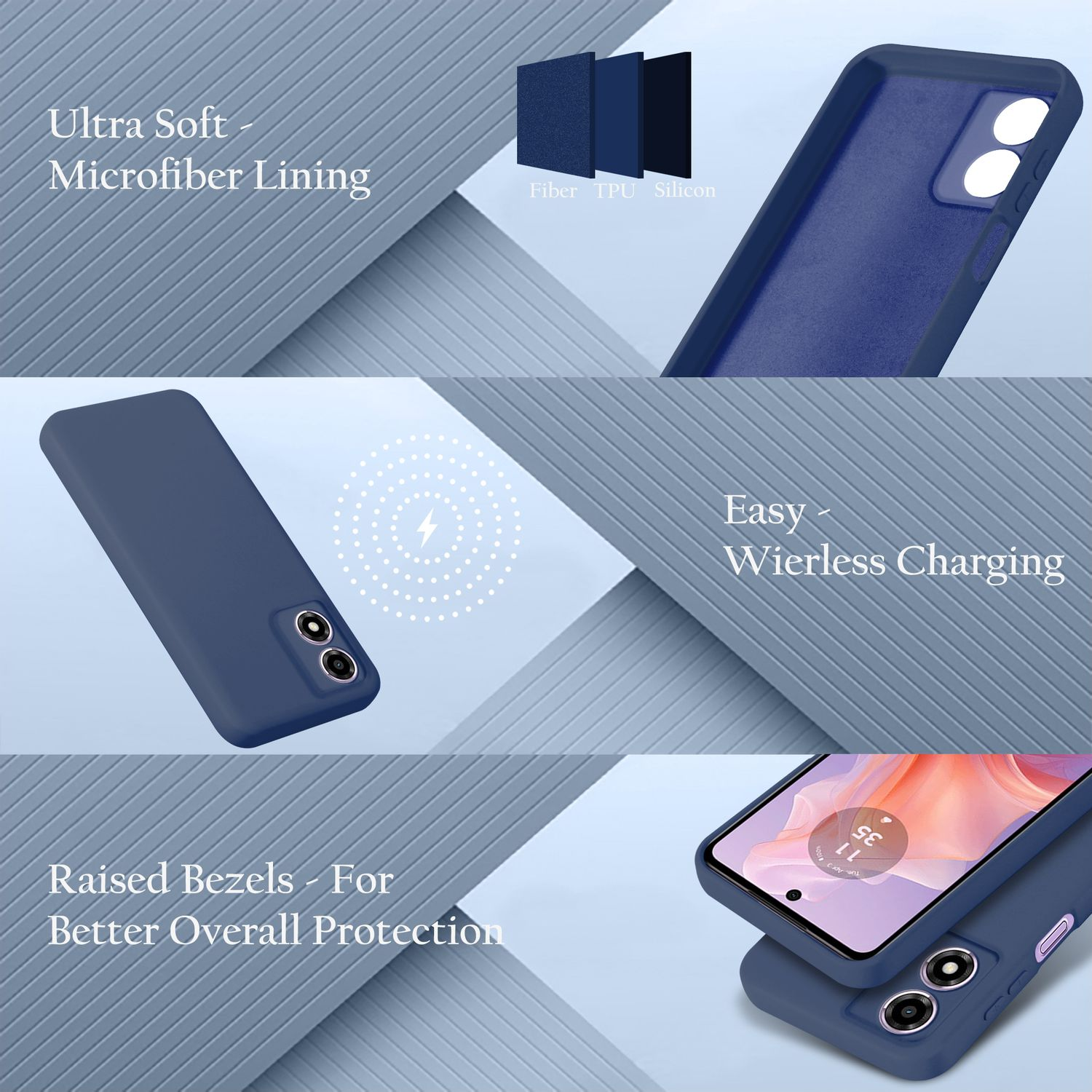 Marineblaue Handyhülle mit Telefon und Aufladung. Text: Ultraweiches Mikrofaserfutter, kabelloses Laden