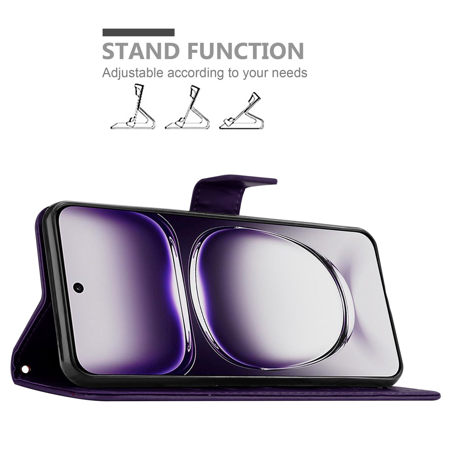 Eine lila Handyhülle mit einem Telefon, geöffnet, um den Bildschirm anzuzeigen. Text: STANDFUNKTION. Drei Standoptionen gezeigt.