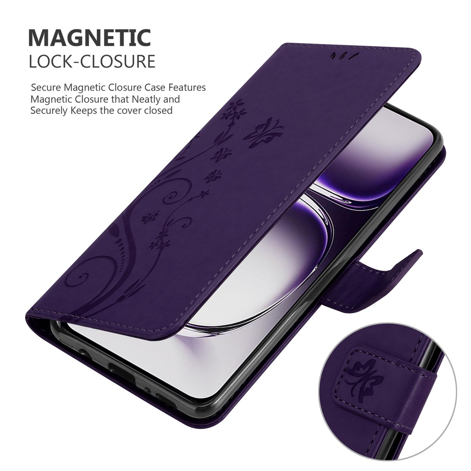 Lila Handyhülle geöffnet, zeigt ein Telefon mit Blumendesign und Magnetverschluss.