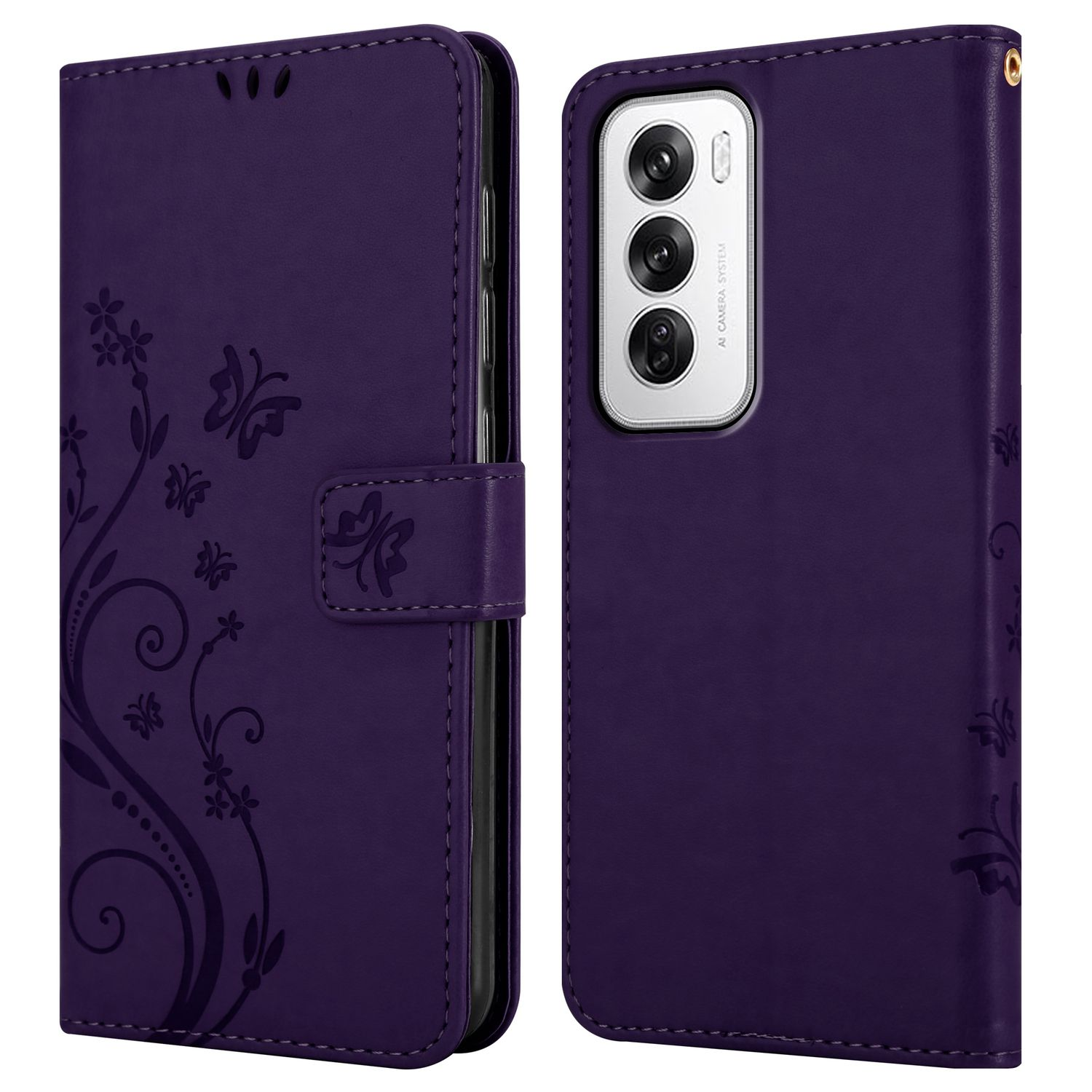 Eine lila Handyhülle ist offen, mit einem Telefon darin. Die Hülle hat ein Blumendesign und einen Magnetverschluss.