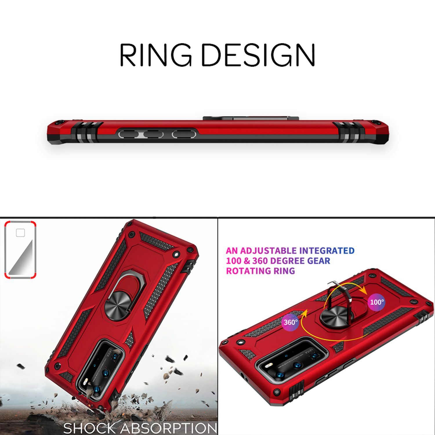 Rote Handyhülle mit Ringdesign, Stoßdämpfungsmerkmale. Oben, vorne und drehbare Ringansichten gezeigt.
