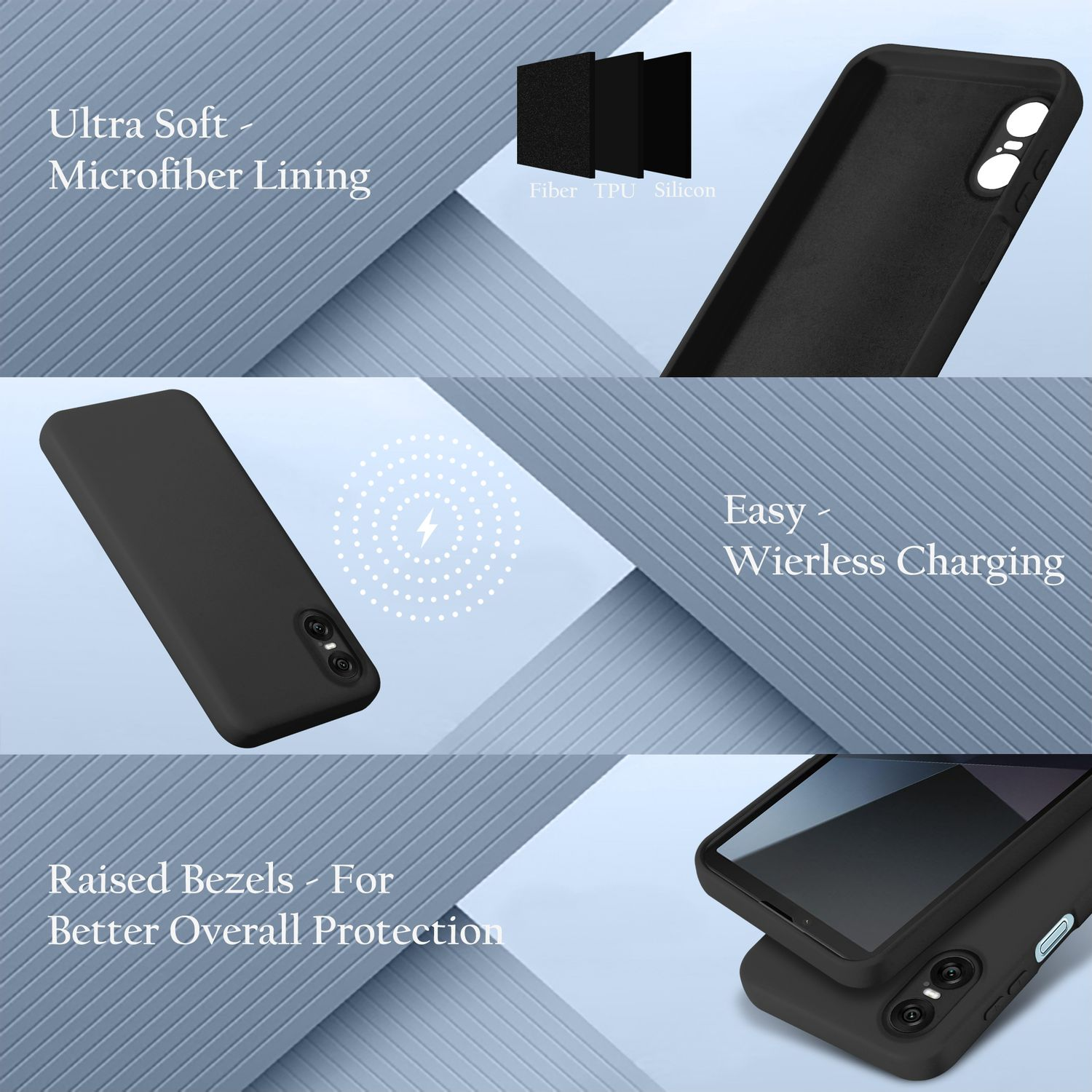 Mehrere Bilder zeigen eine schwarze Handyhülle mit einem Telefon darin. Text: Ultra Soft, Easy Wireless Charging.