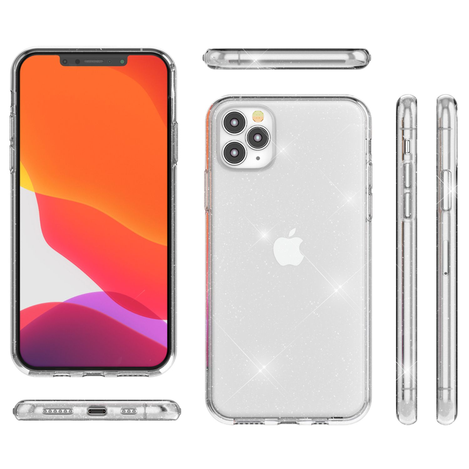 Un teléfono en una funda transparente. Un primer plano del teléfono y la funda.