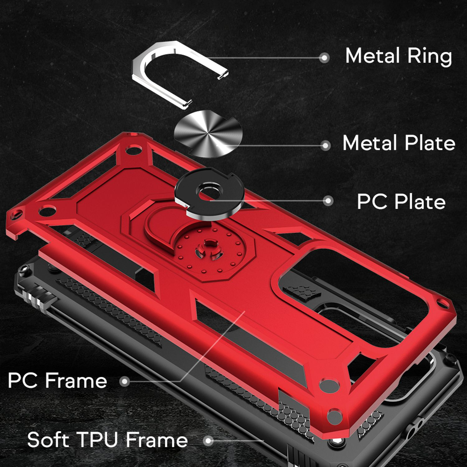 Rote Handyhülle mit Schichten: Metallring, Metallplatte, PC-Platte, PC-Rahmen, TPU-Rahmen.