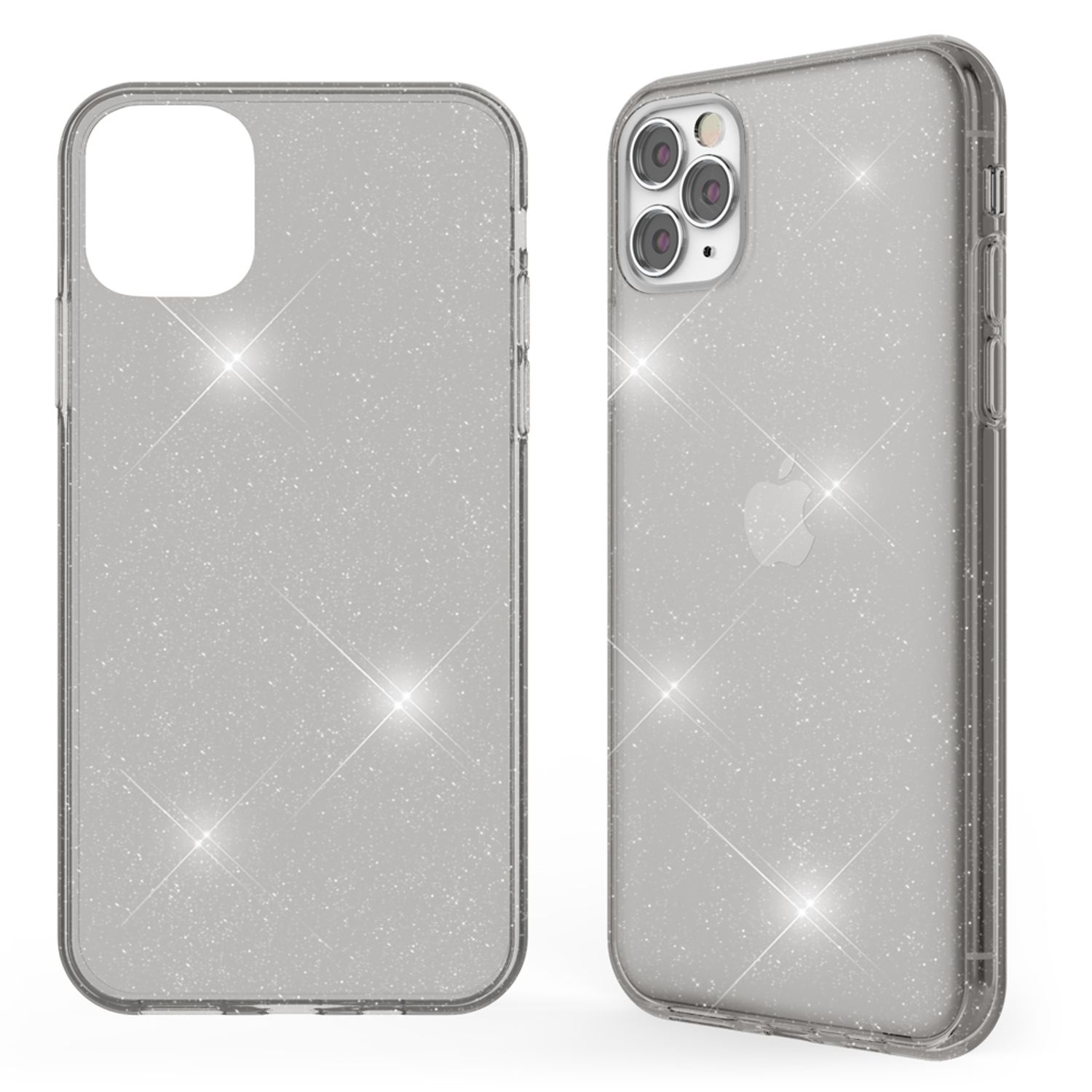 Funda de teléfono brillante, vista frontal y trasera. Transparente con partículas brillantes.