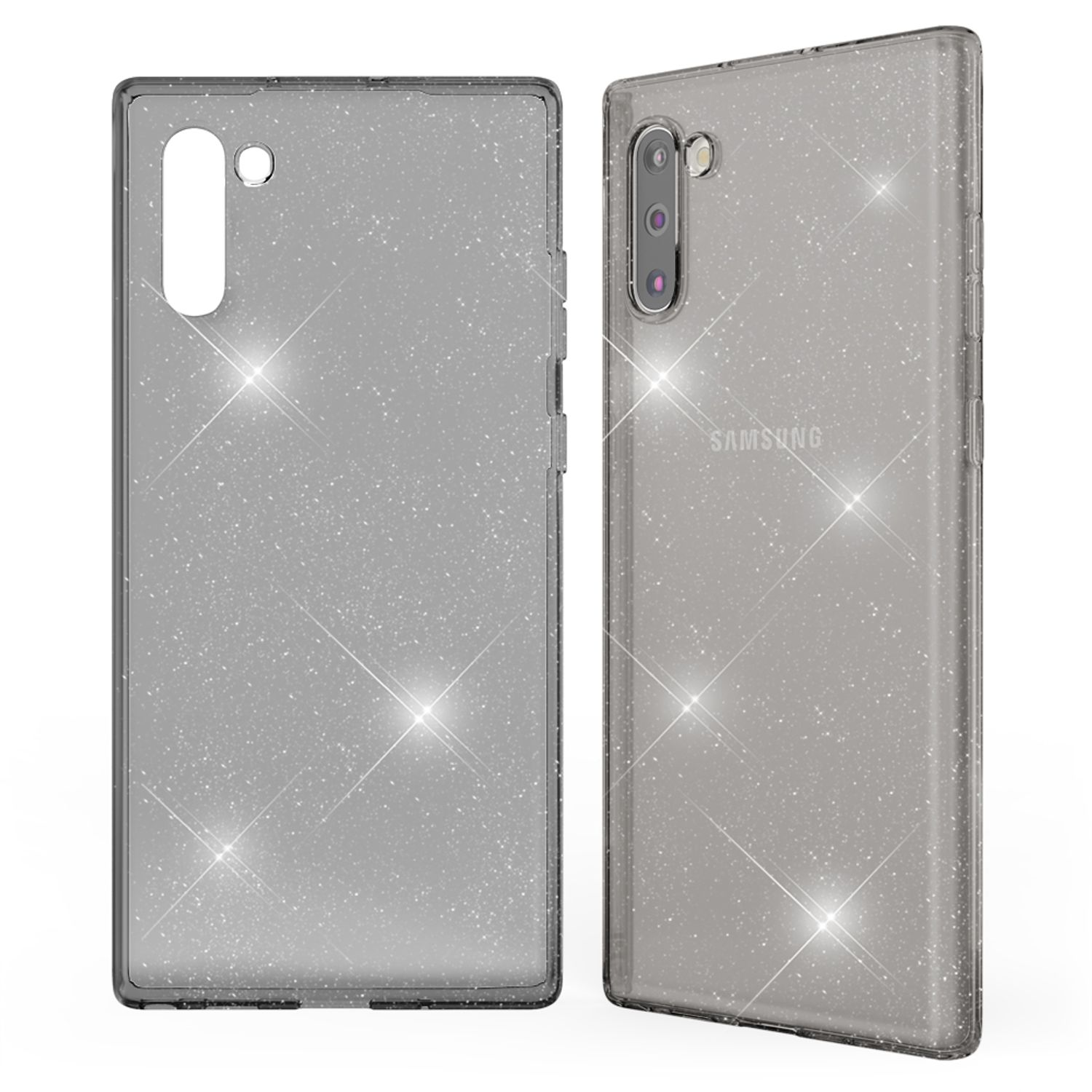 Zwei Handyhüllen mit glitzerndem Effekt, eine gerade und eine schräg.