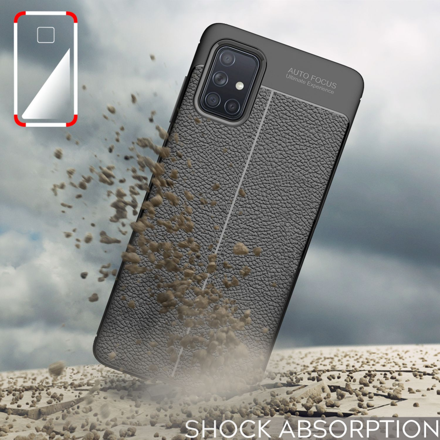 Eine schwarze, strukturierte Handyhülle mit dem Schriftzug Shock Absorption. Die Hülle hat eine Kamera und einen Blitz.