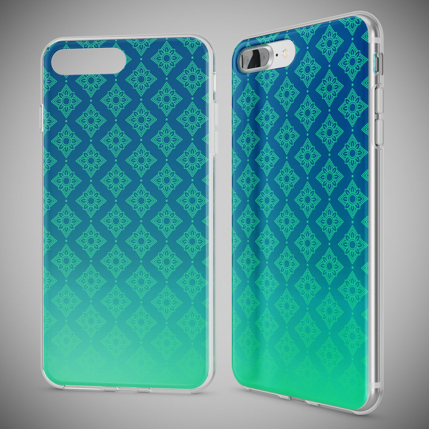 Zwei Handyhüllen mit blau-grünem Farbverlauf. Sie haben ein sich wiederholendes geometrisches Design.