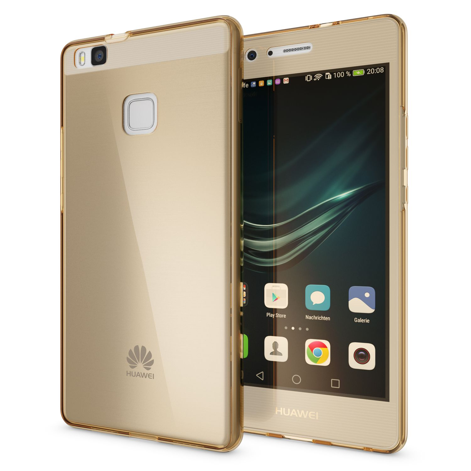 Goldenes Telefon und Hülle nebeneinander. Telefonbildschirm zeigt grüne Landschaft.