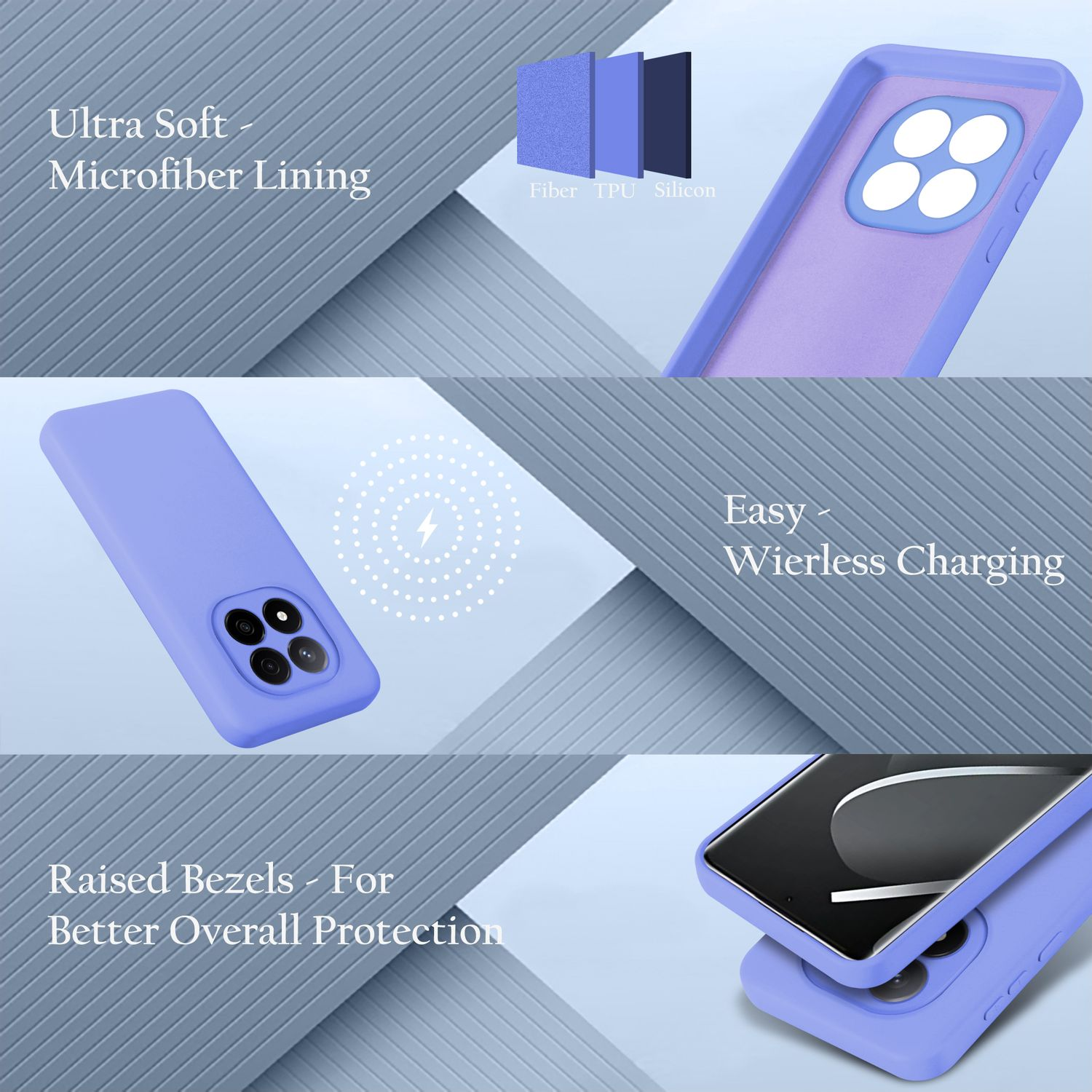 Eine blaue Handyhülle. Details umfassen Mikrofaserfutter, kabelloses Laden und erhöhte Blenden zum Schutz.