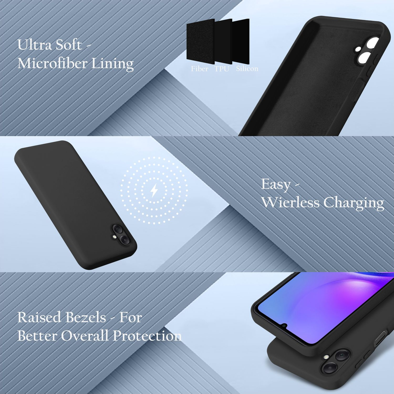 Eine schwarze Handyhülle mit mehreren Schichten. Zu den Merkmalen gehören ein ultraweiches Mikrofaserfutter und kabelloses Laden.