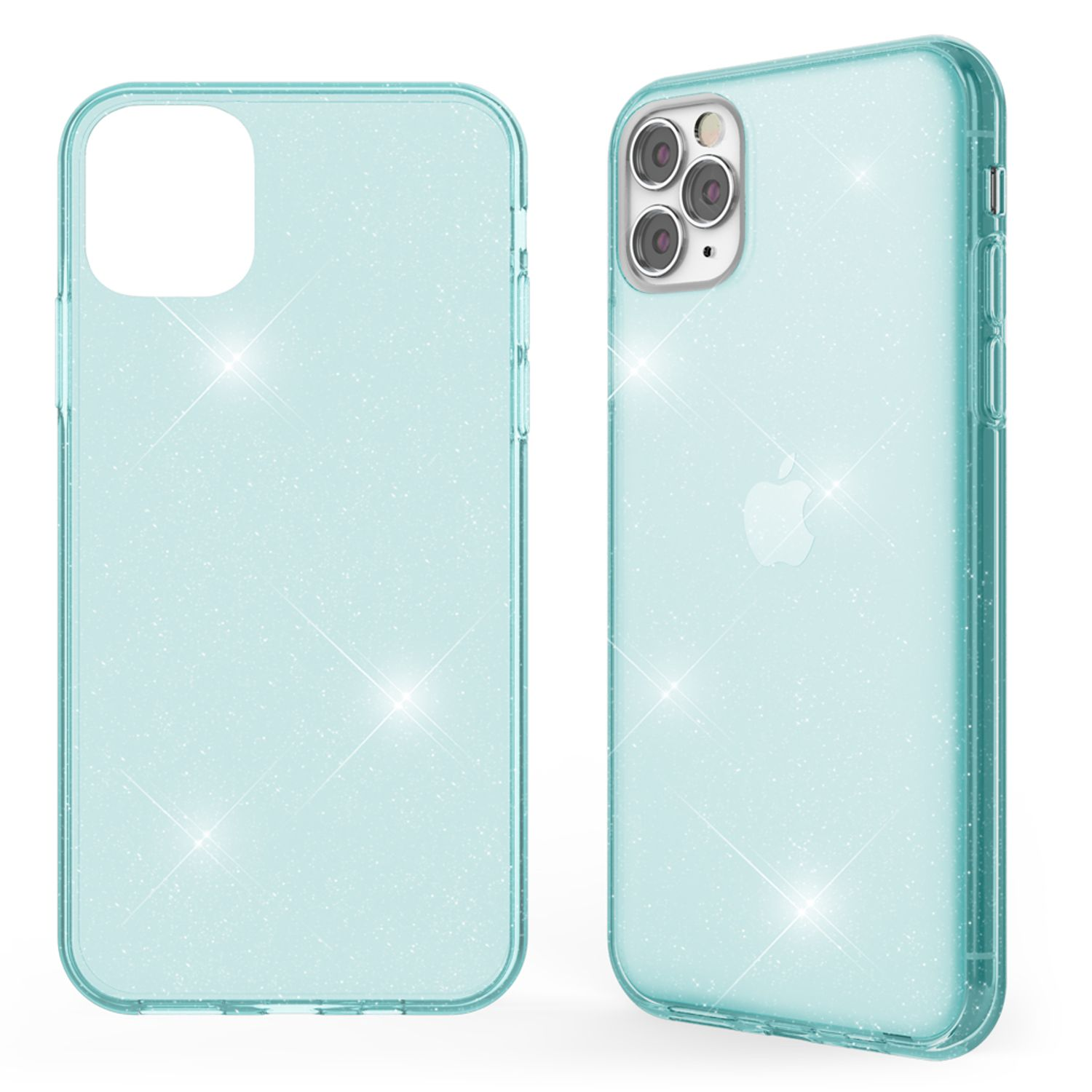 Dos fundas para teléfono, una a la izquierda y otra a la derecha. Ambas son transparentes. Texto: sparkle.